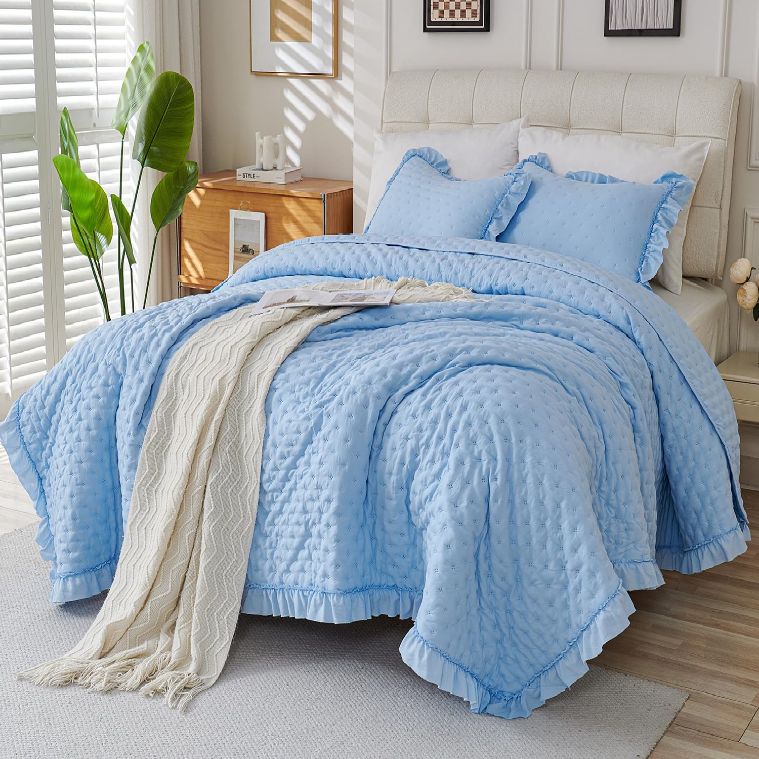 Cmfshape Bedding Set 3 Pieces Ultrasonic Quilt with Ruffled Edges