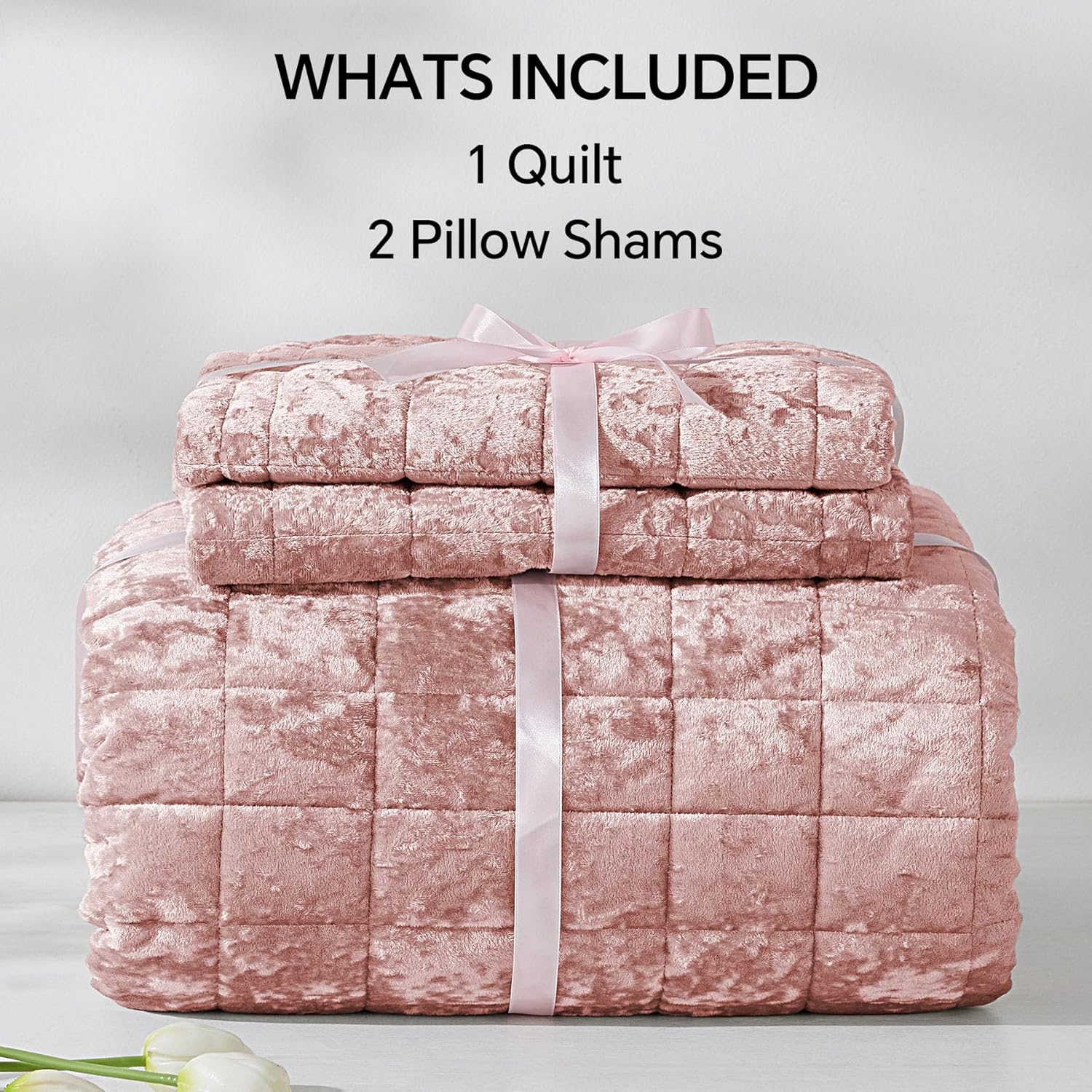 BEDELITE Velvet Quilt Set Queen - 3 Piece Luxury Dusty Pink Comforter Bedding