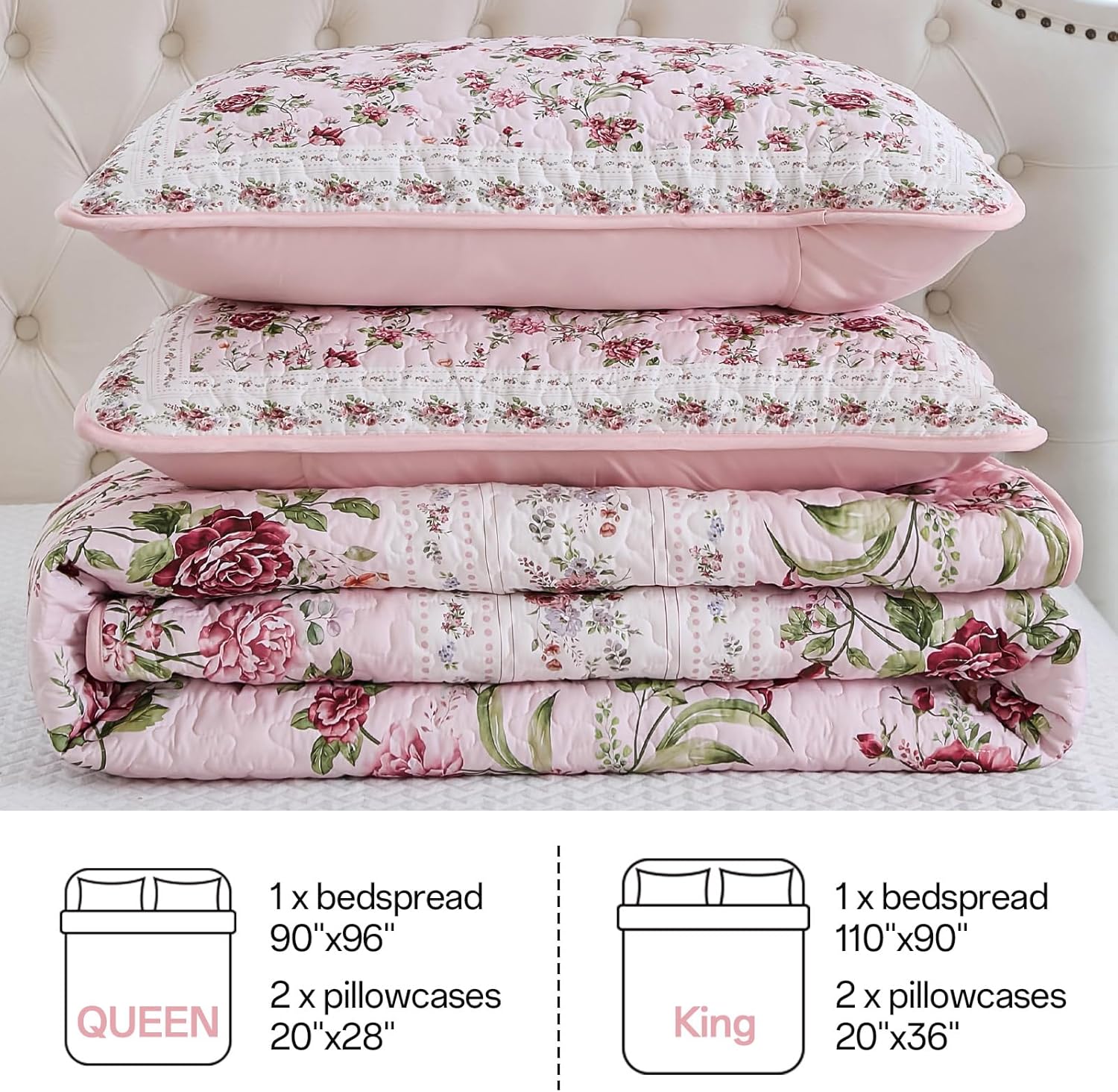 Xruibed Floral Quilt Set Queen Size 3PCs