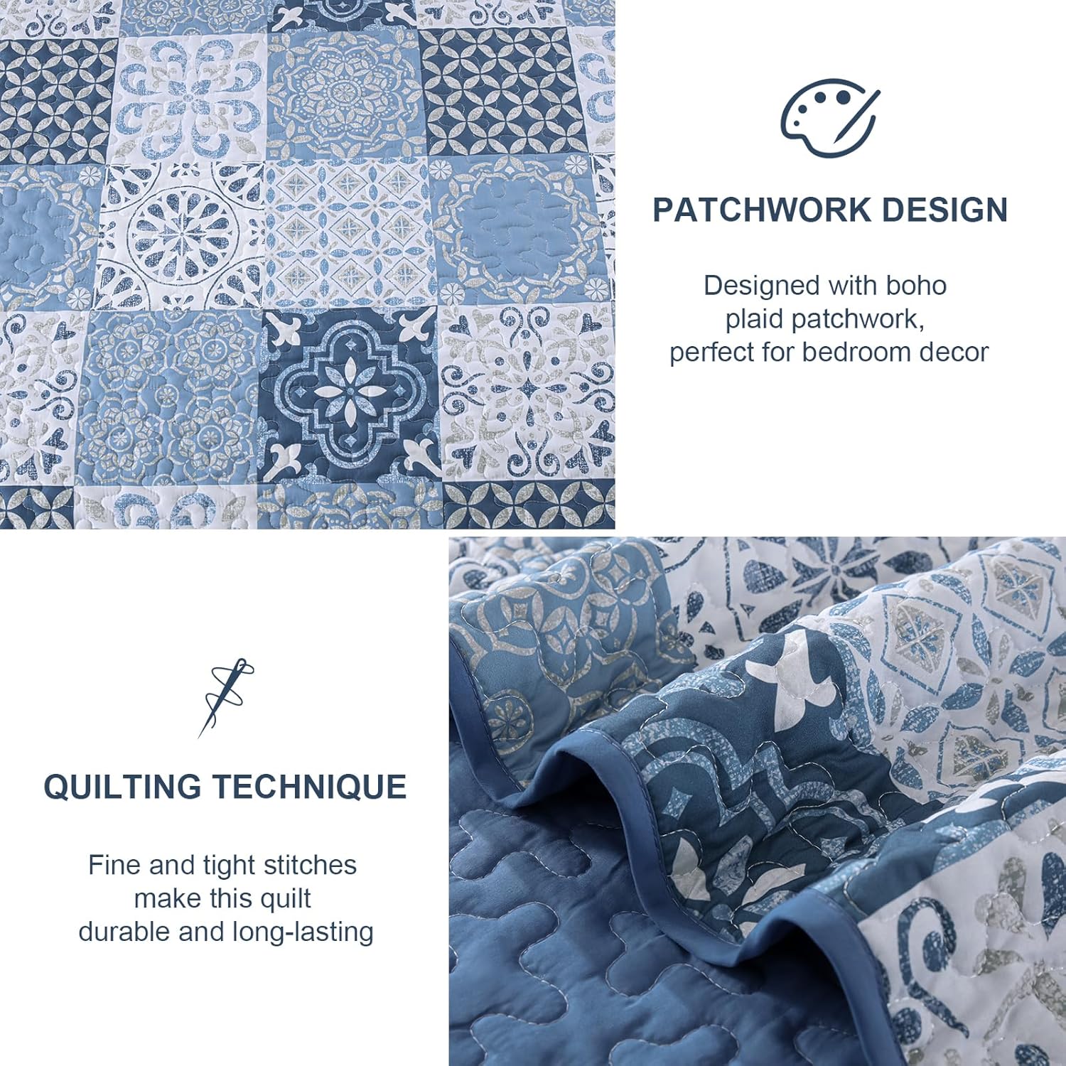 Dobuyly Blue Quilt Set King Size 3 Piece