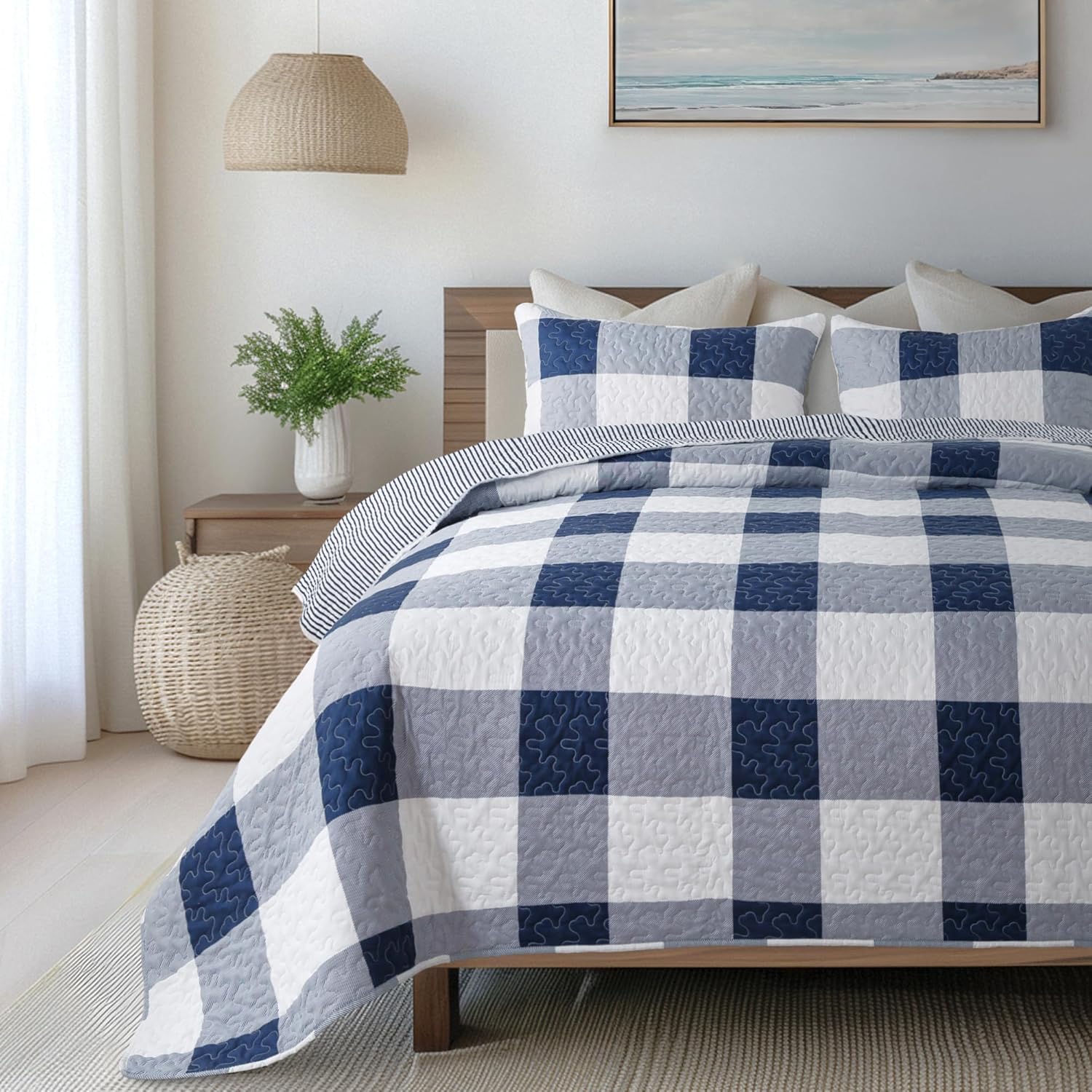 Soul Lane Blue White Buffalo Plaid Quilt Set - King Size