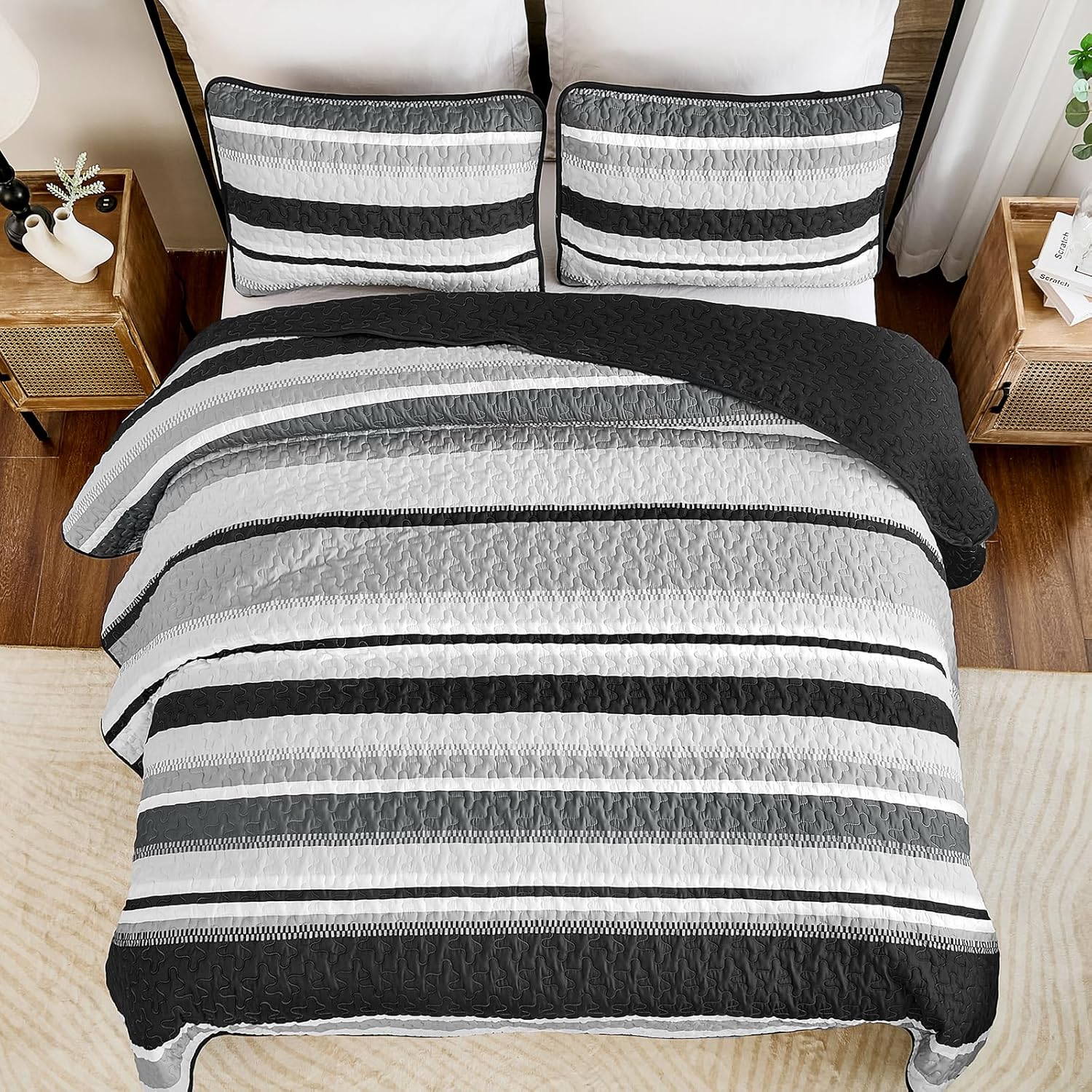 Wongs Bedding King Quilt Set 3 Pieces Black Striped Bedspread Coverlet with Shams