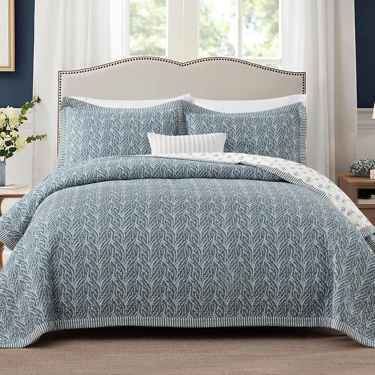 Finlonte Queen Size Cotton Quilt Set - 3 Pcs Grayish BlueWhite