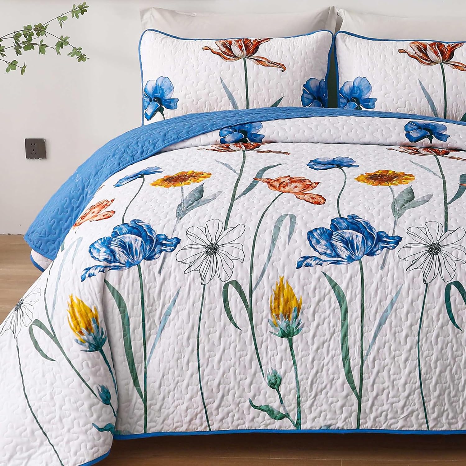 WONGS BEDDING Blue Floral Quilt Set King Size