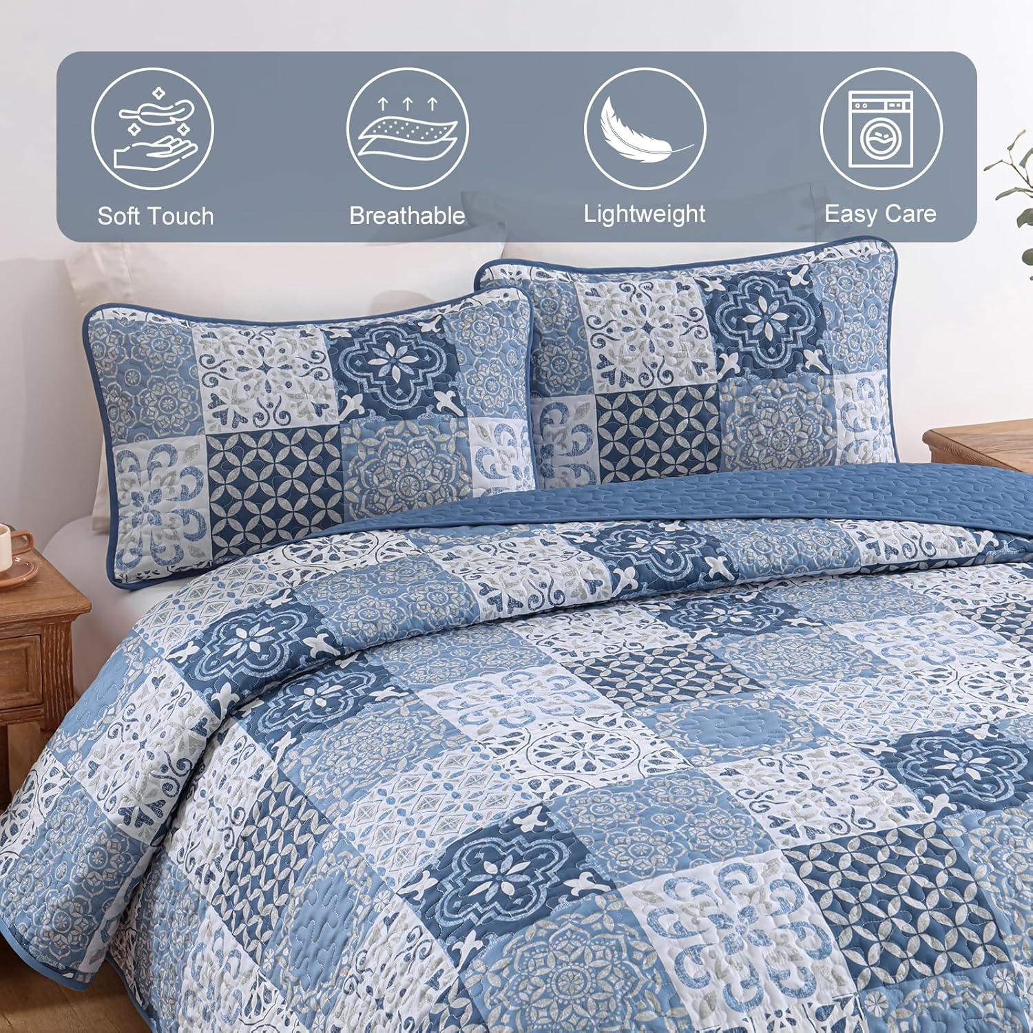 Dobuyly Blue Quilt Set King Size 3 Piece