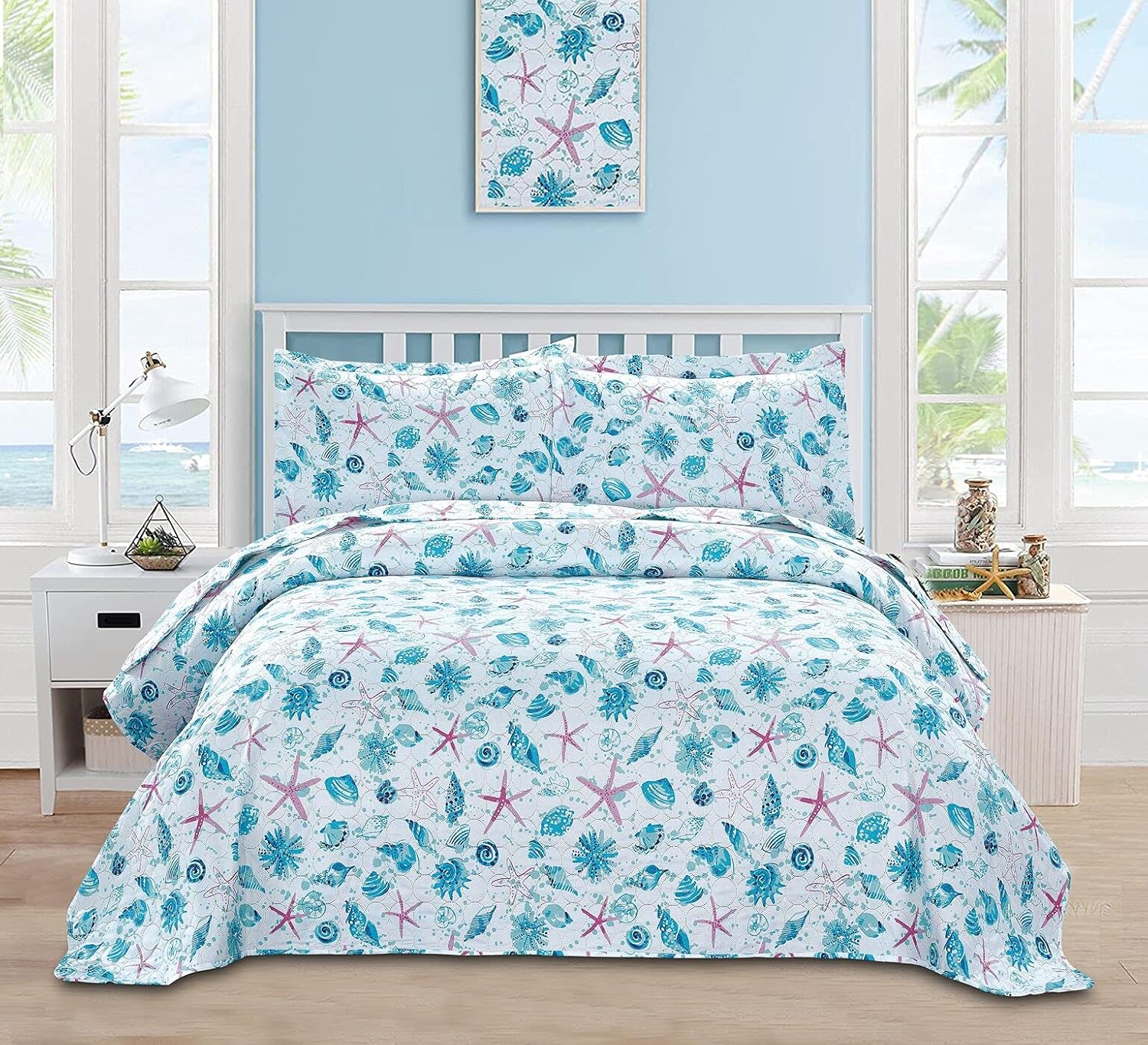 Pink Starfish Aqua Beach Quilt Set - Reversible Lightweight Bedding