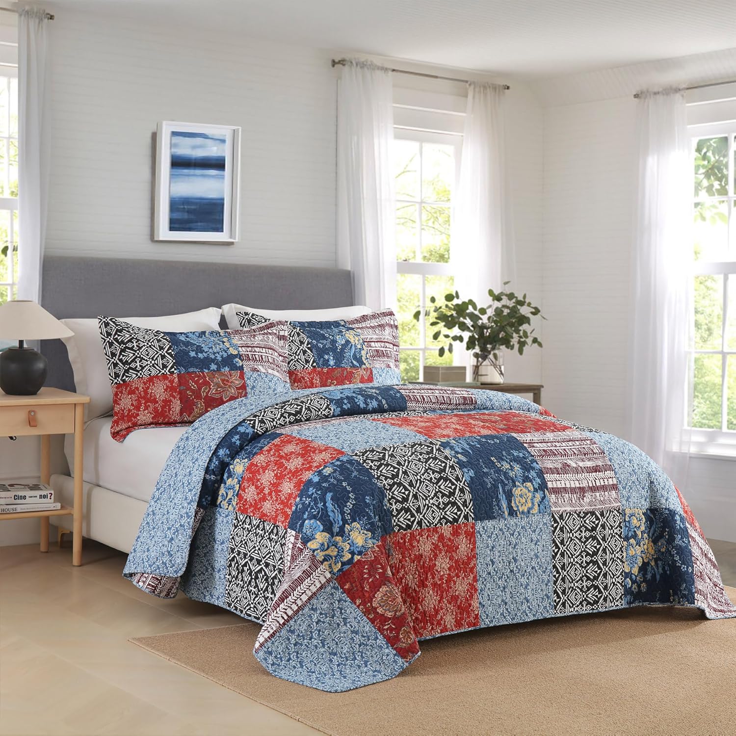 Secgo Twin Comforter Set - 100 Cotton Quilts Black Bedspread with Pillow Shams