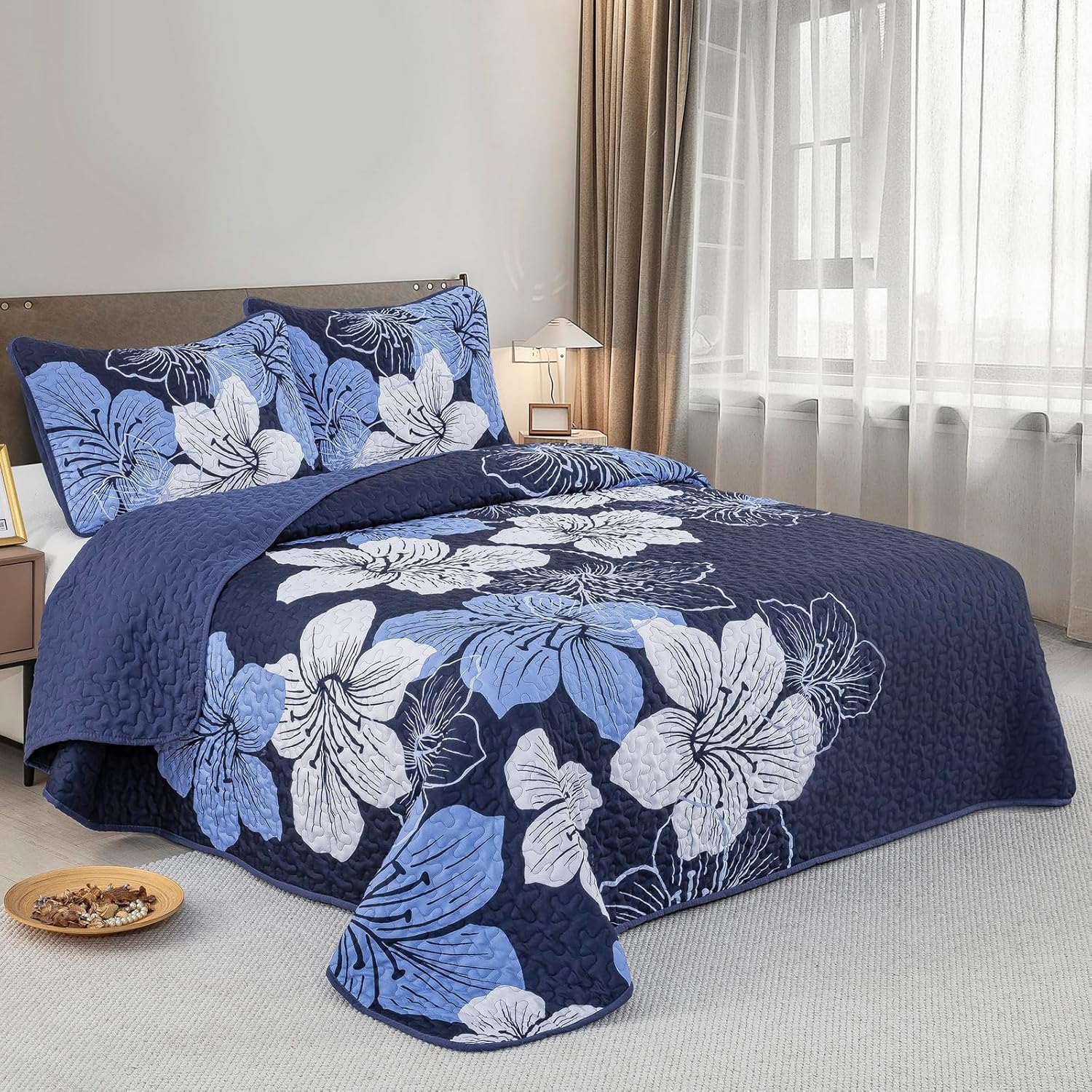 DJY 3 Piece Quilt Set California King Navy Blue Floral Pattern
