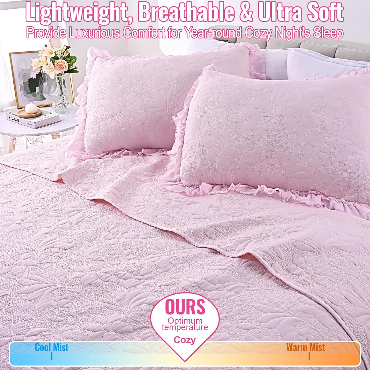 Uspring Pink Ruffled Floral Queen Comforter Set 3 Piece