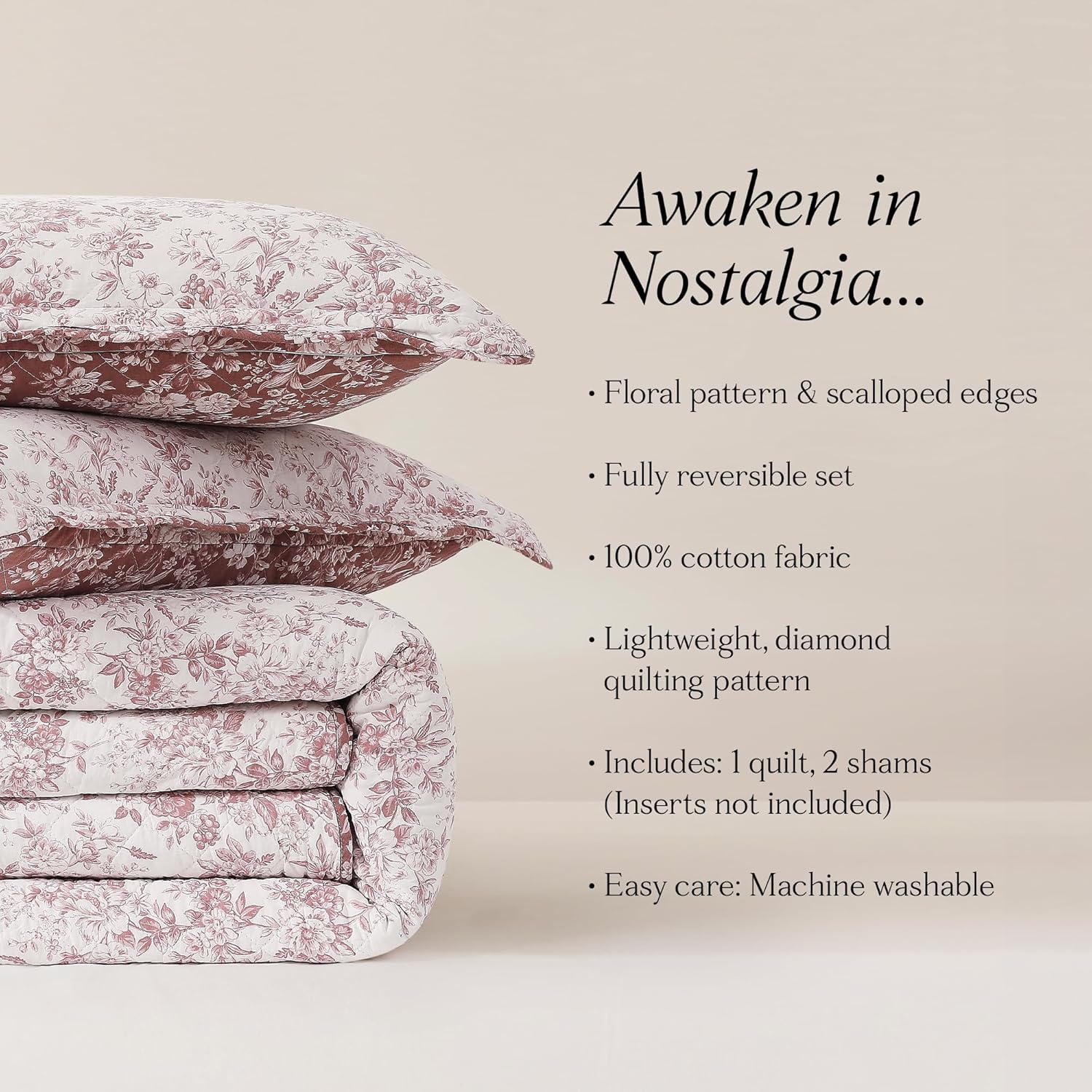 Lush Decor Peony Toile Reversible Cotton Quilt 3 Piece Set