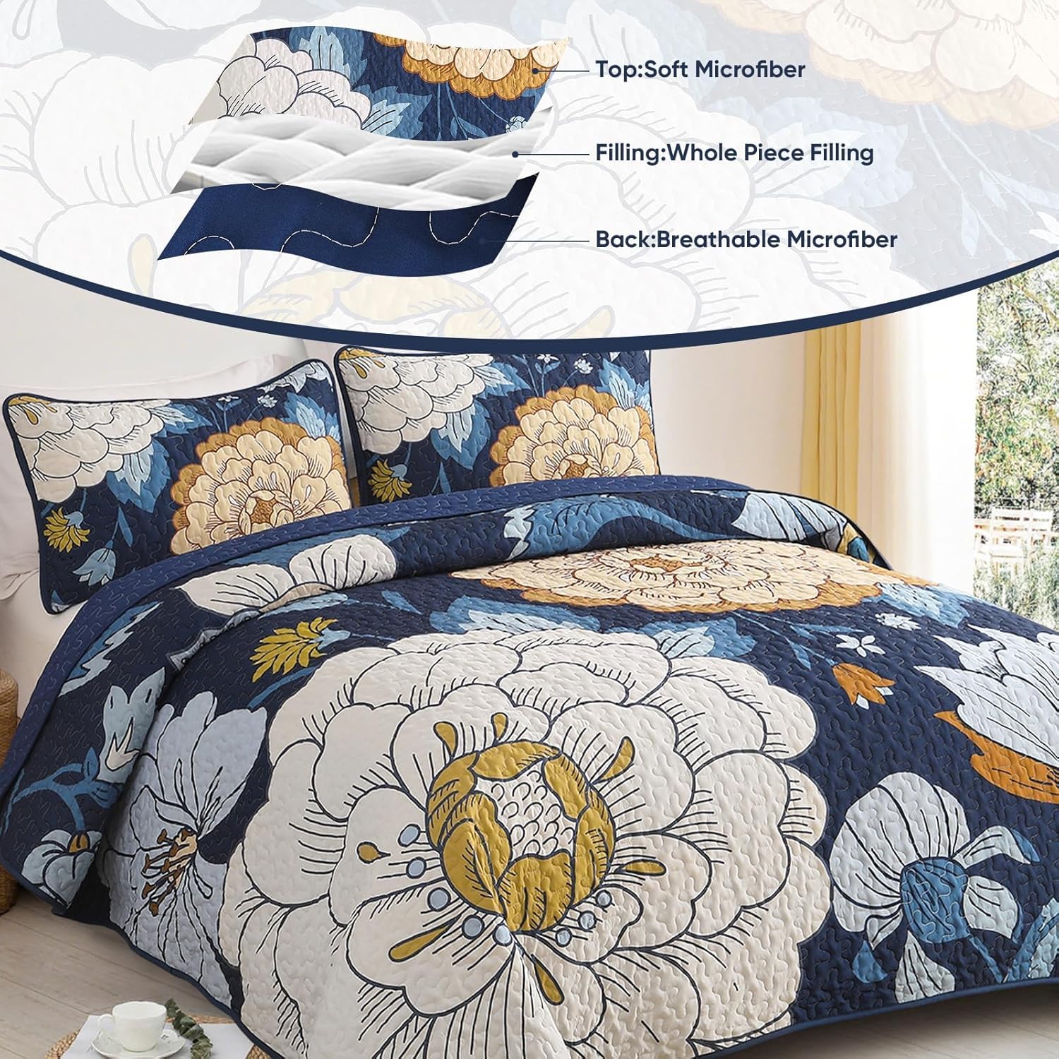 DJY Navy Floral Quilt Set 3 Piece Boho