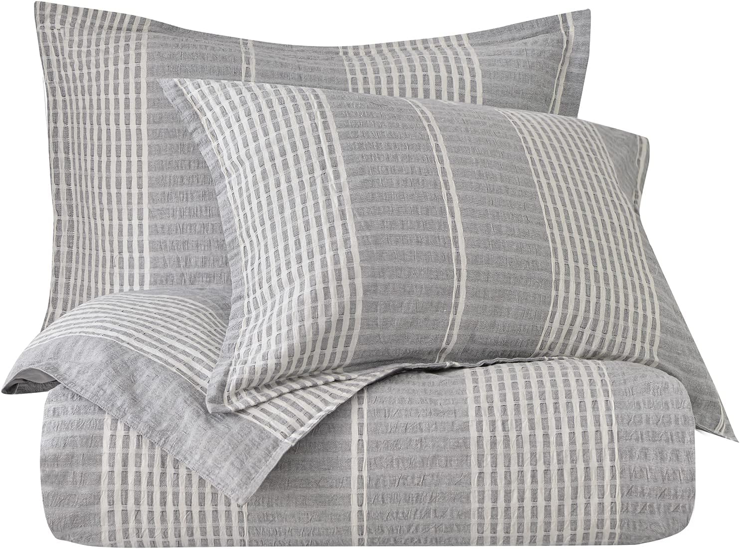 HiEnd Accents 3-Piece Duvet Cover Set Lane Gray White Stripe Seersucker