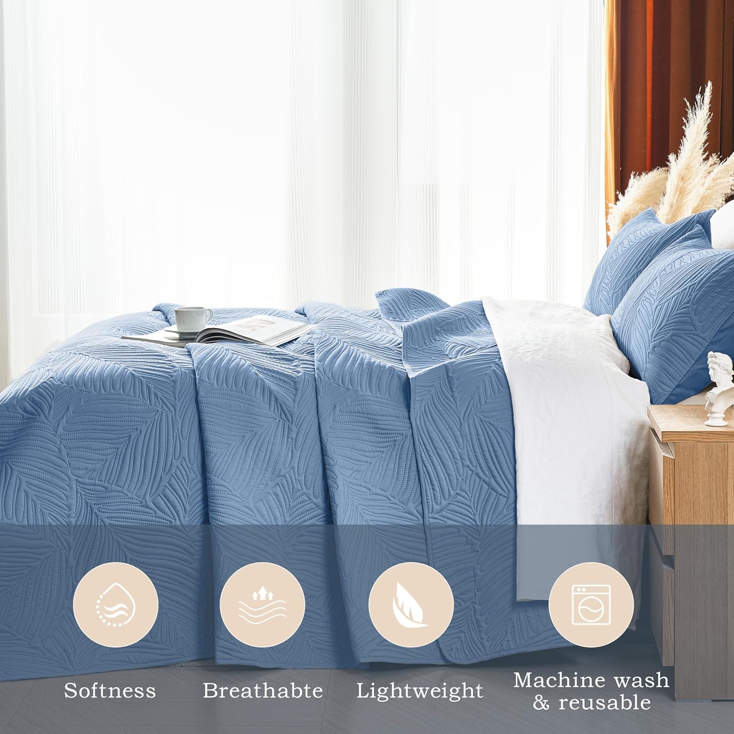 OARAGE Queen Quilt Set Soft Lightweight Bluish Grey with Leaf Pattern