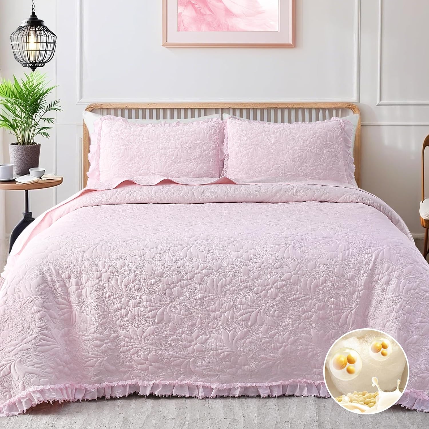 Uspring Pink Ruffled Floral Queen Comforter Set 3 Piece