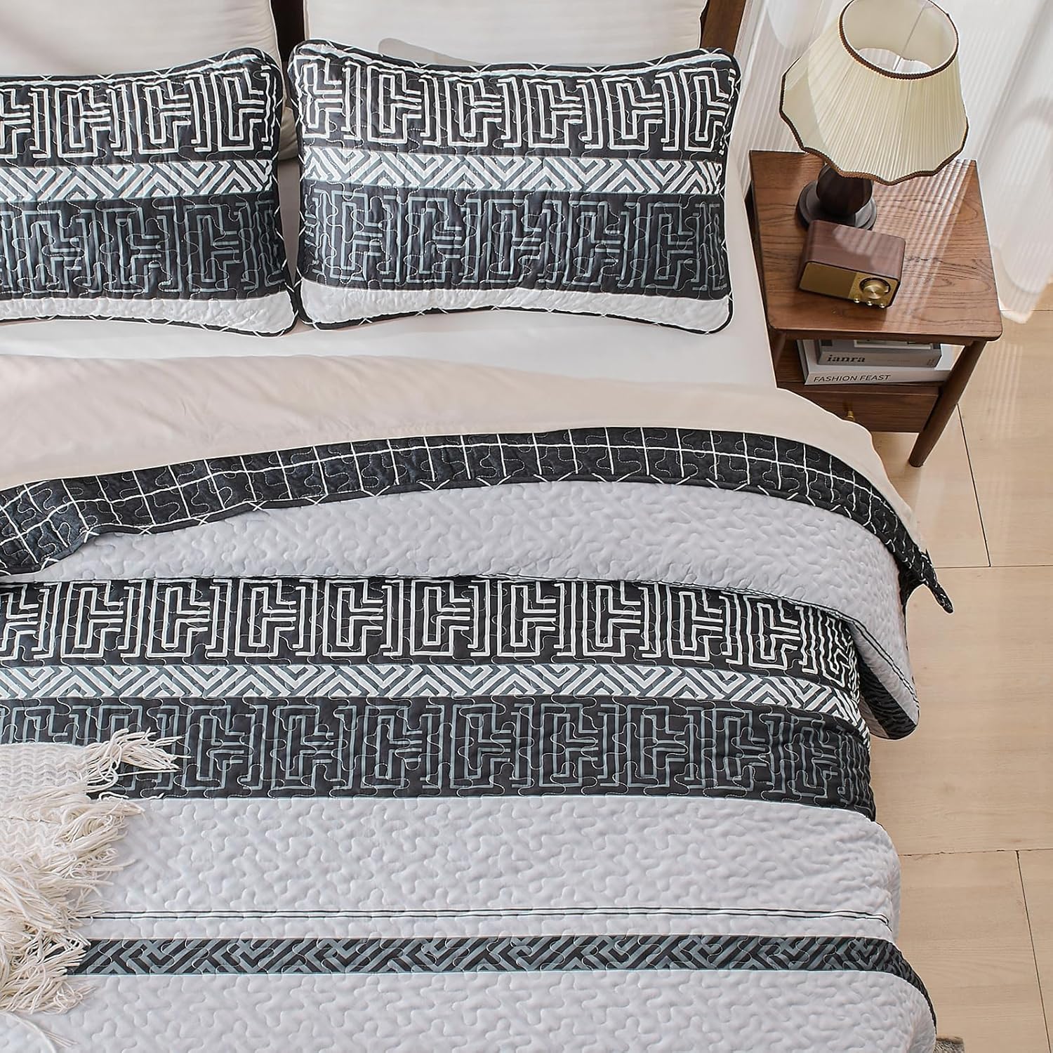 DJY Striped Quilt Set King Size 3 Pcs Black White