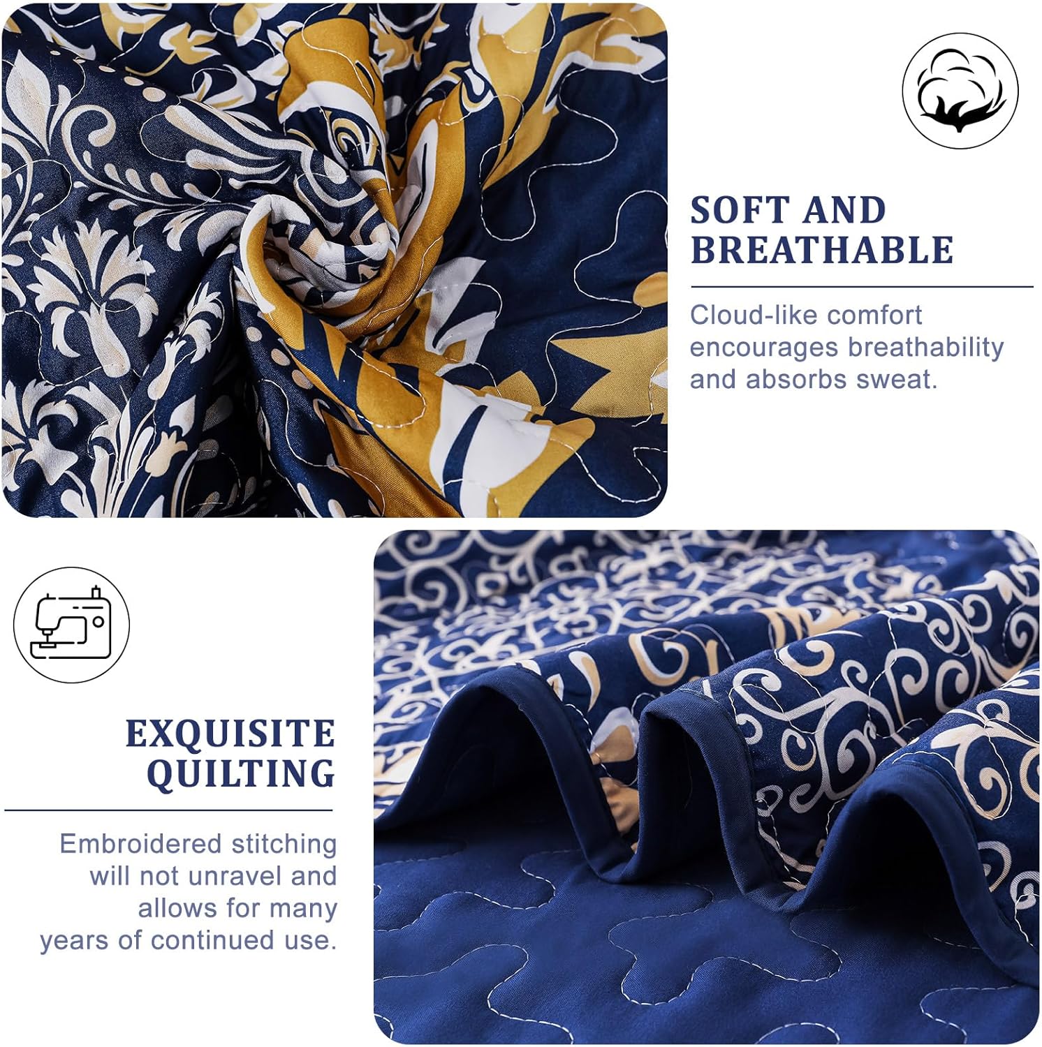 Navy Damask Quilt Set King 3Pcs Microfiber