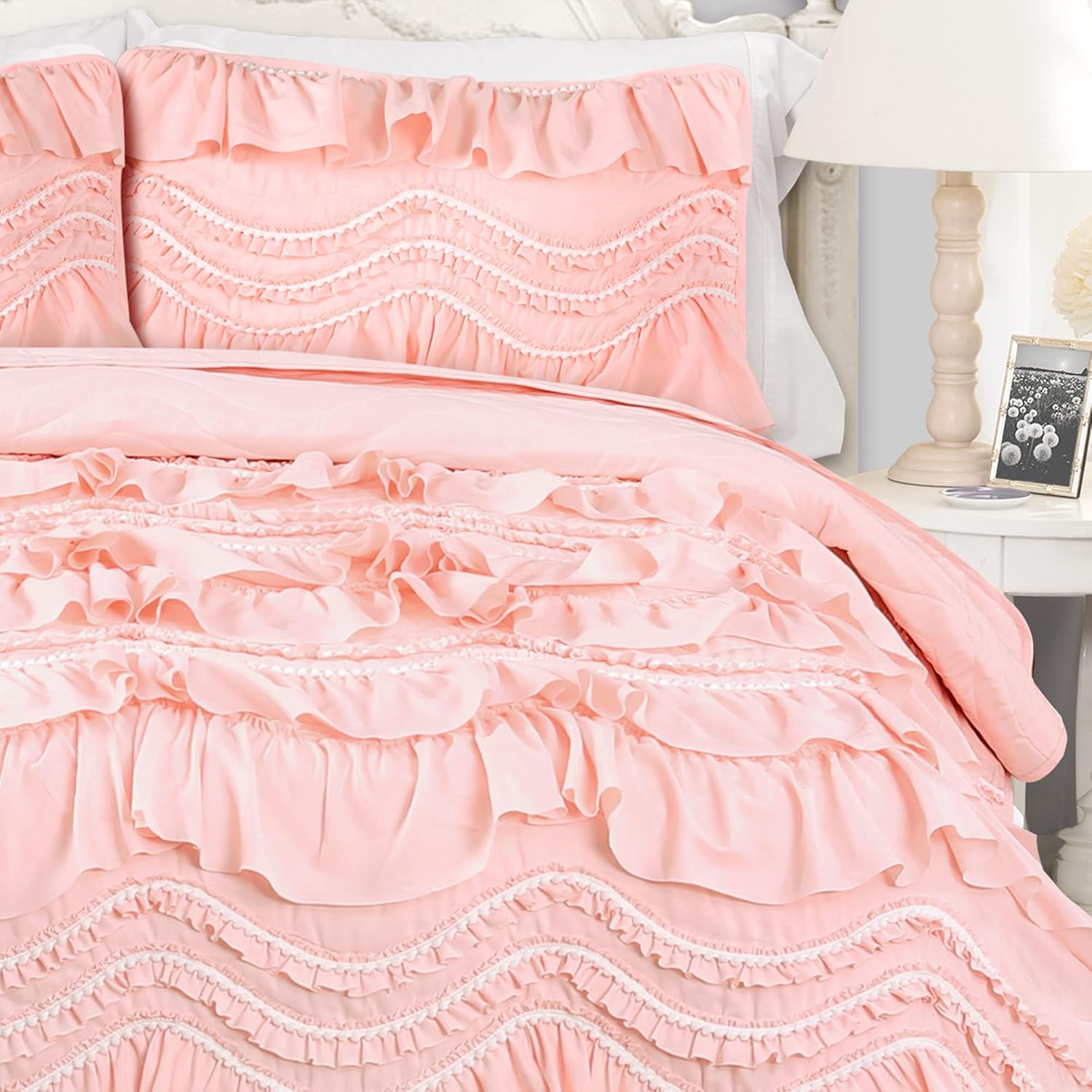 Lush Decor Kemmy Ruffled Quilt 3 Piece King Set PeachBlush