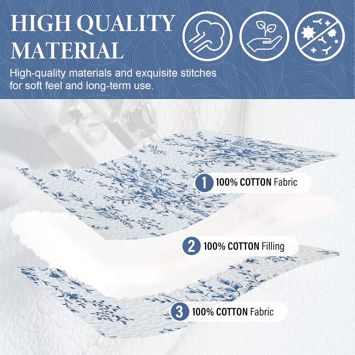 SahSahCasa 100 Cotton King Quilt Set Navy BlueWhite
