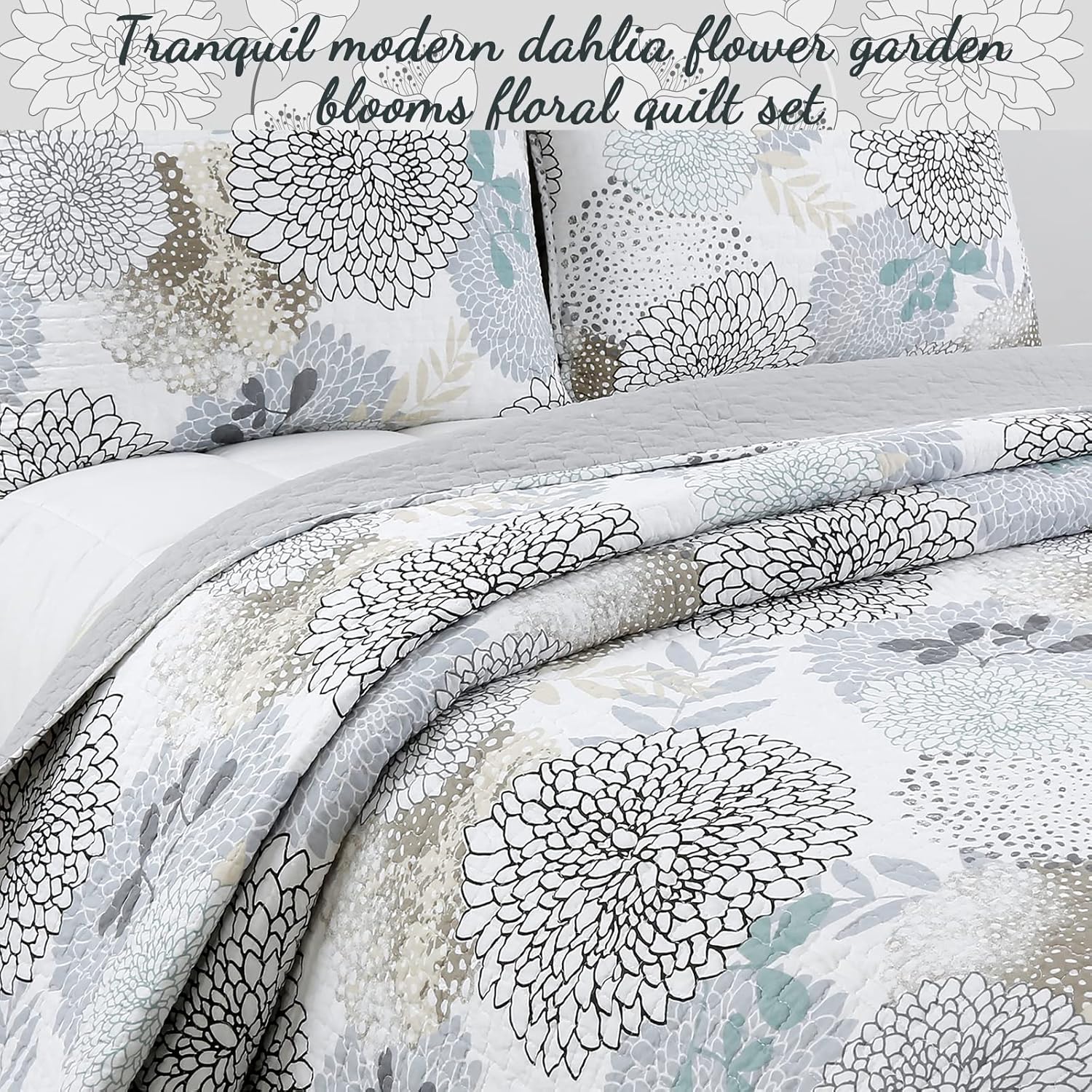 Cozy Line Nina Trista Flowers Aqua Blue Reversible Quilt Bedding Set