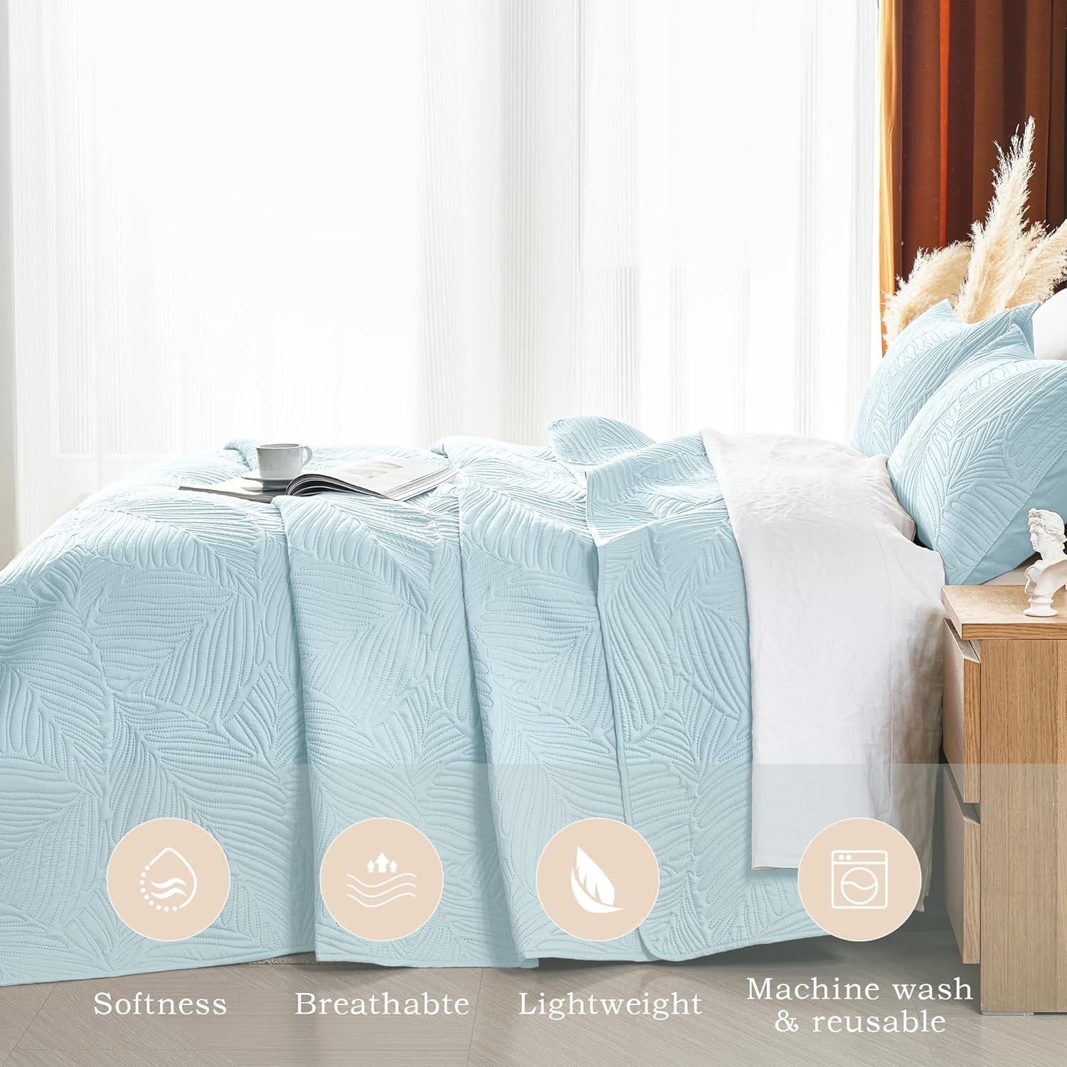 OARAGE Aqua Blue Twin Quilt Set with Leaf Pattern