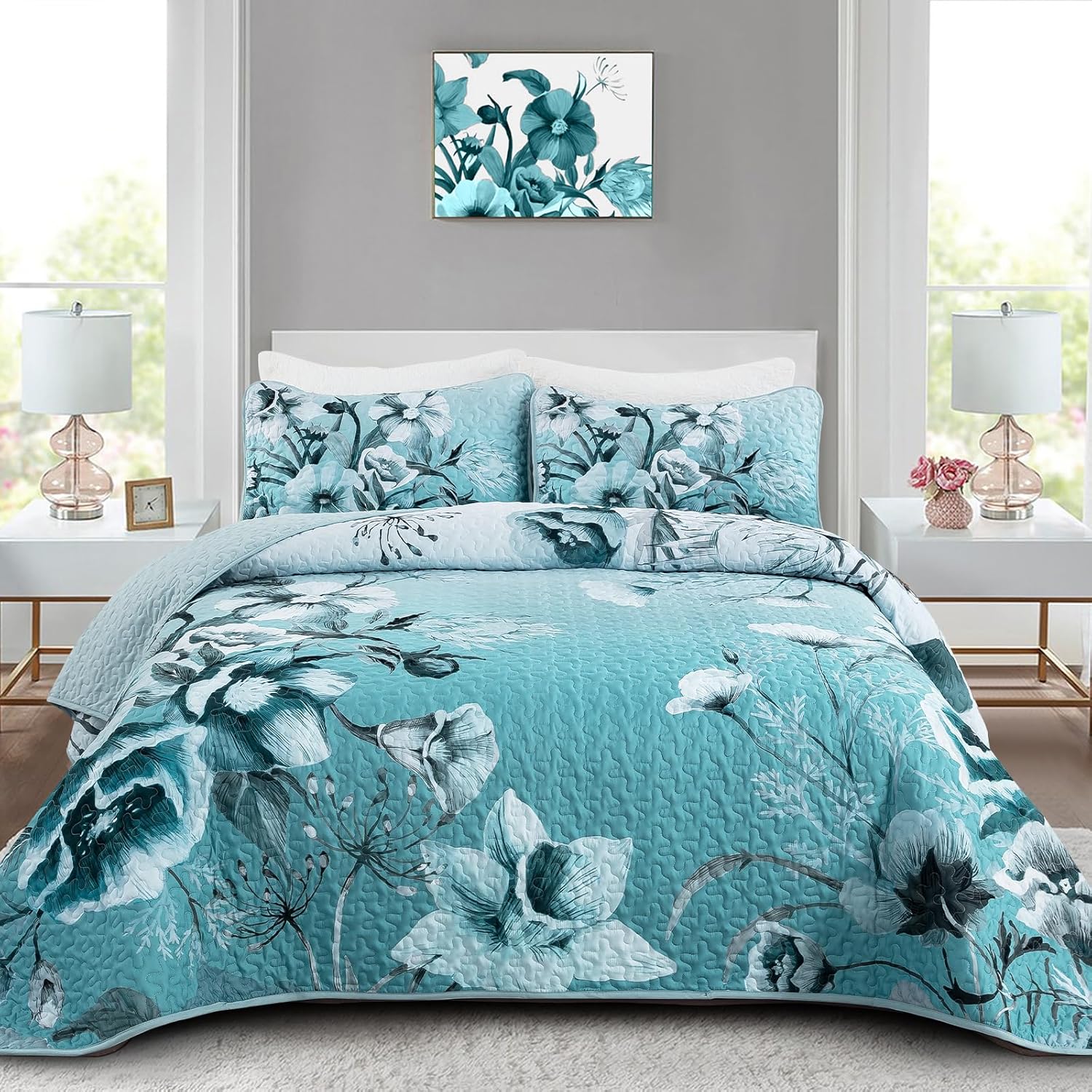 Drucon Blue Floral Quilt Set 3 Piece King Size