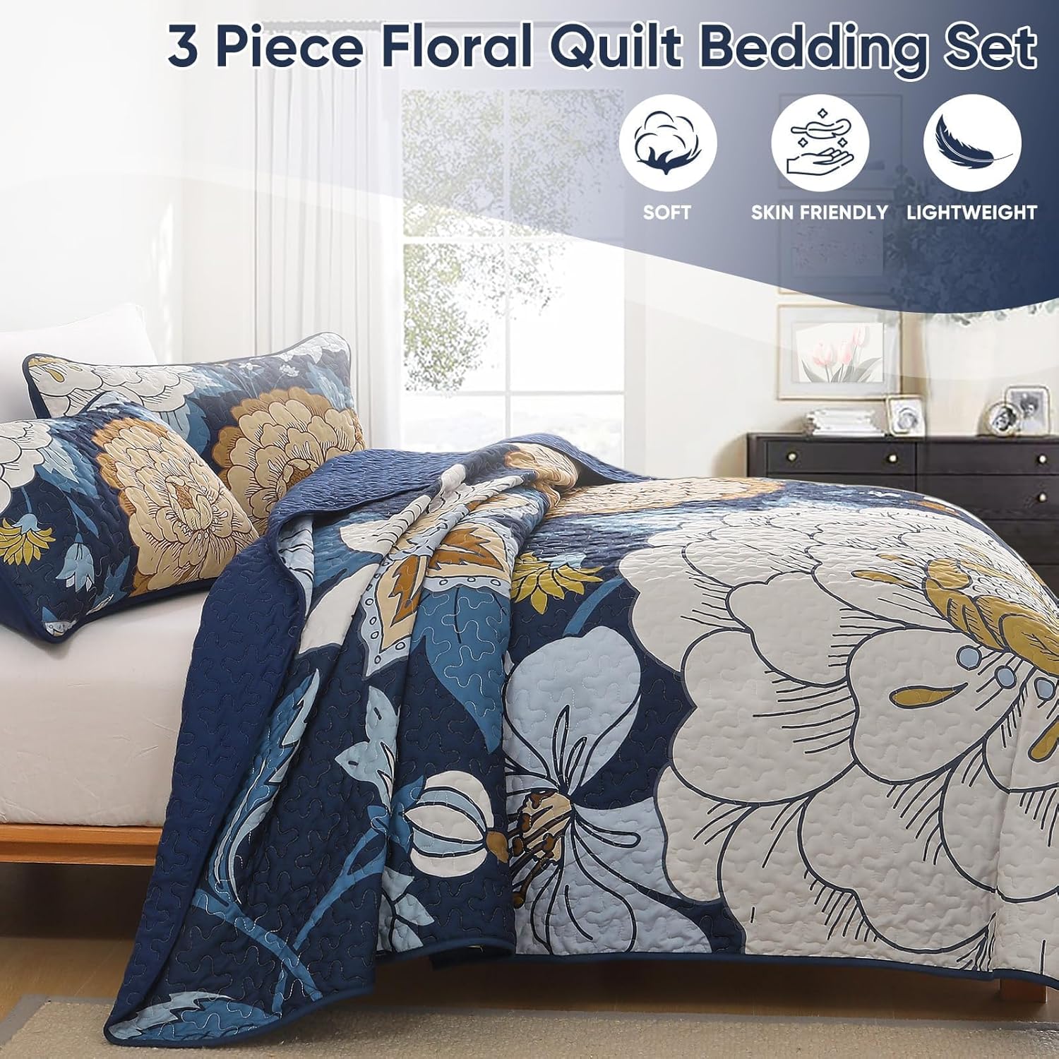 DJY Navy Floral Quilt Set 3 Piece Boho