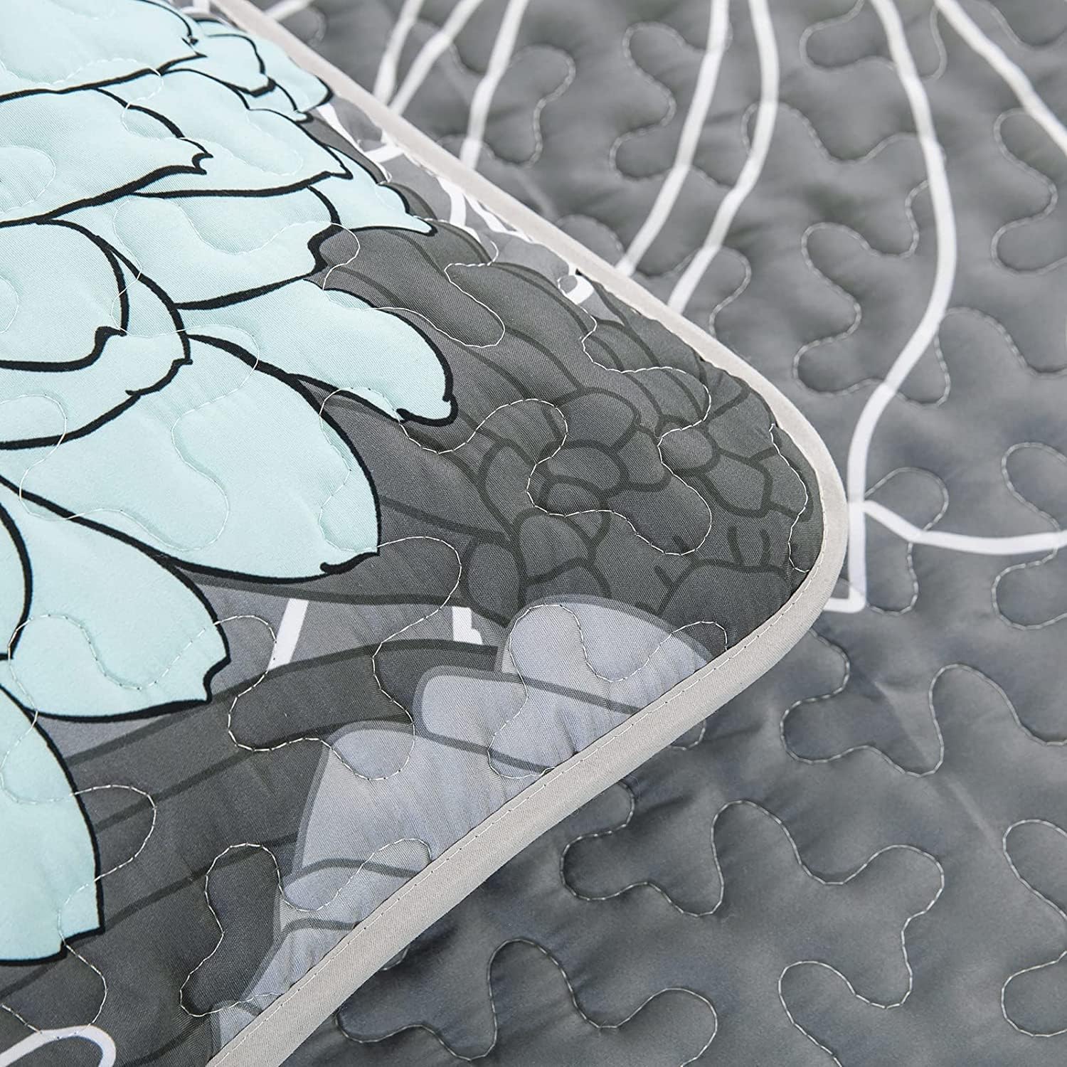 Yiran Grey Aqua Floral Queen Quilt Set 3pcs