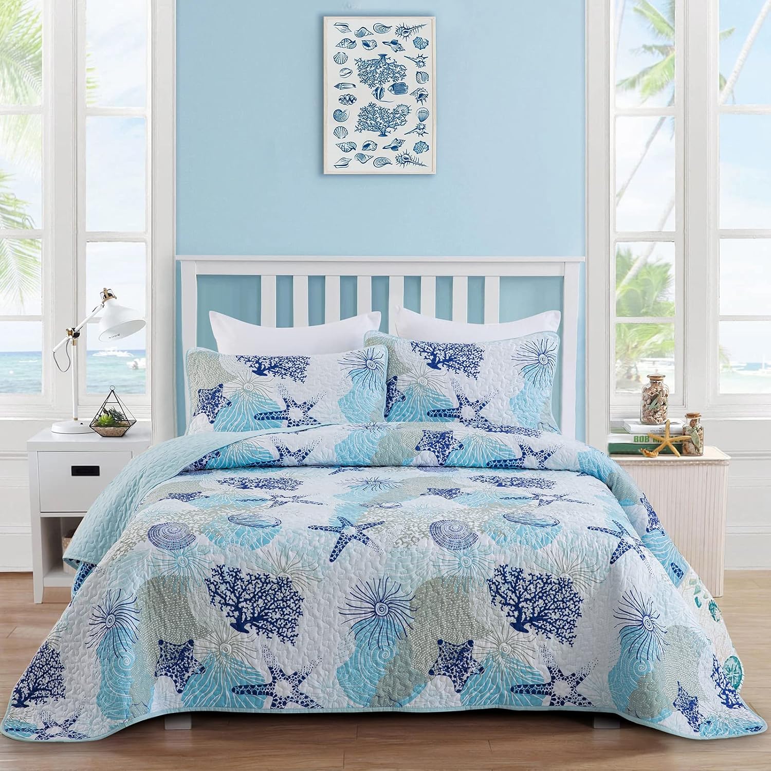 Dinjoy Coastal Quilt Set Queen Size Blue Ocean Theme