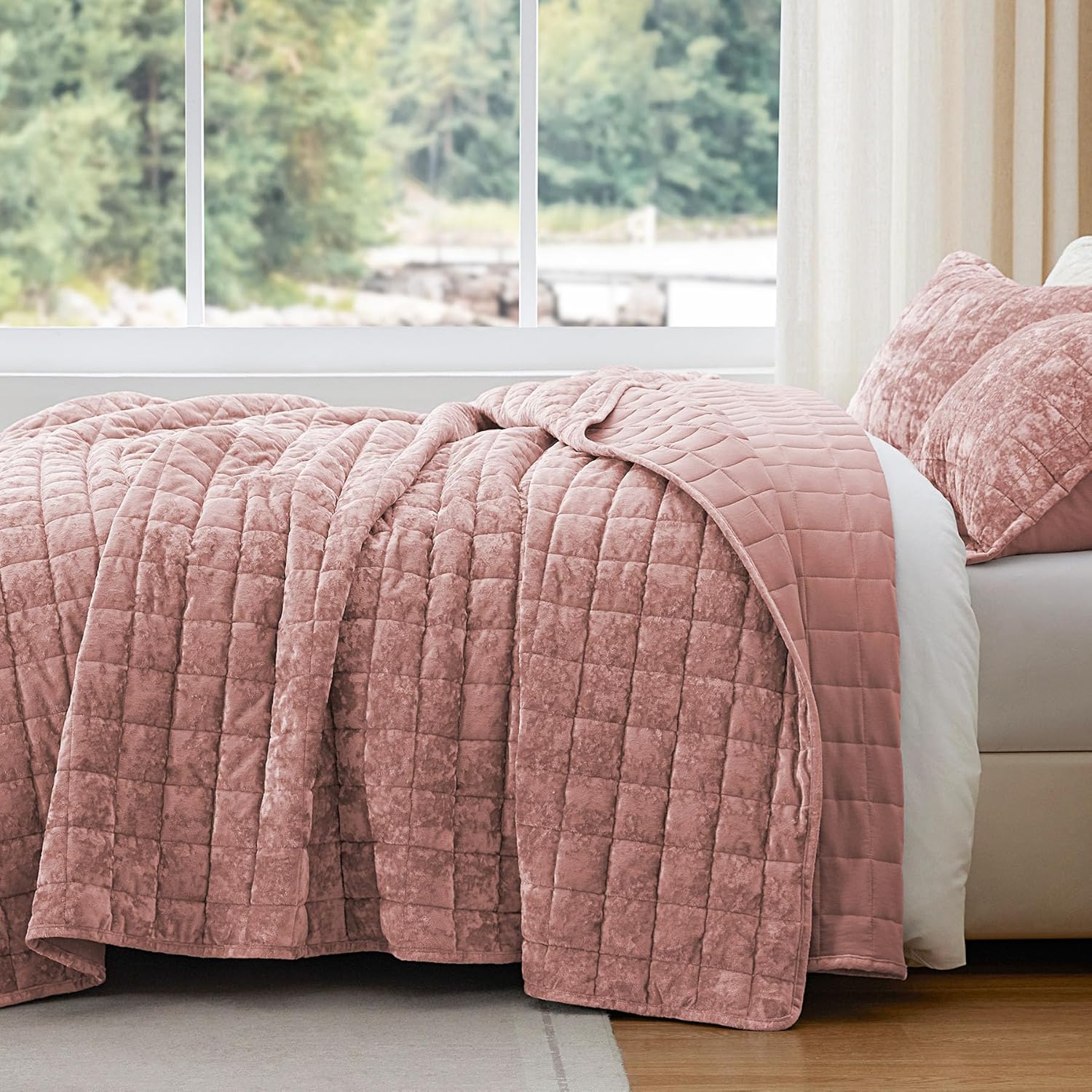 BEDELITE Velvet Quilt Set Queen - 3 Piece Luxury Dusty Pink Comforter Bedding