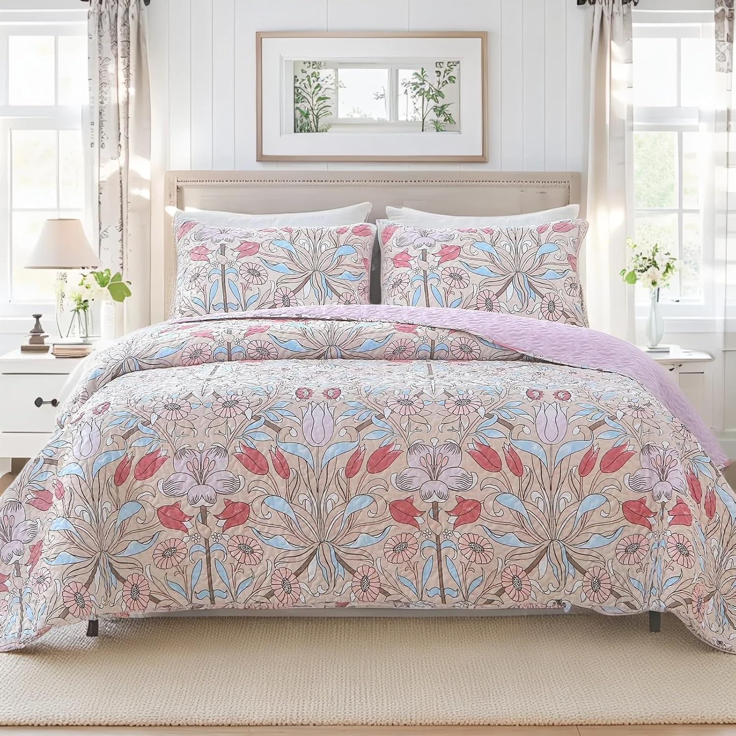 Heymybed Botanical Quilt Set Queen Size Pink Floral