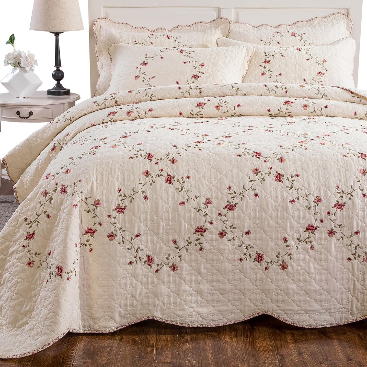 EAVD Floral Embroidered Quilt Set King Size 3 Pieces 1