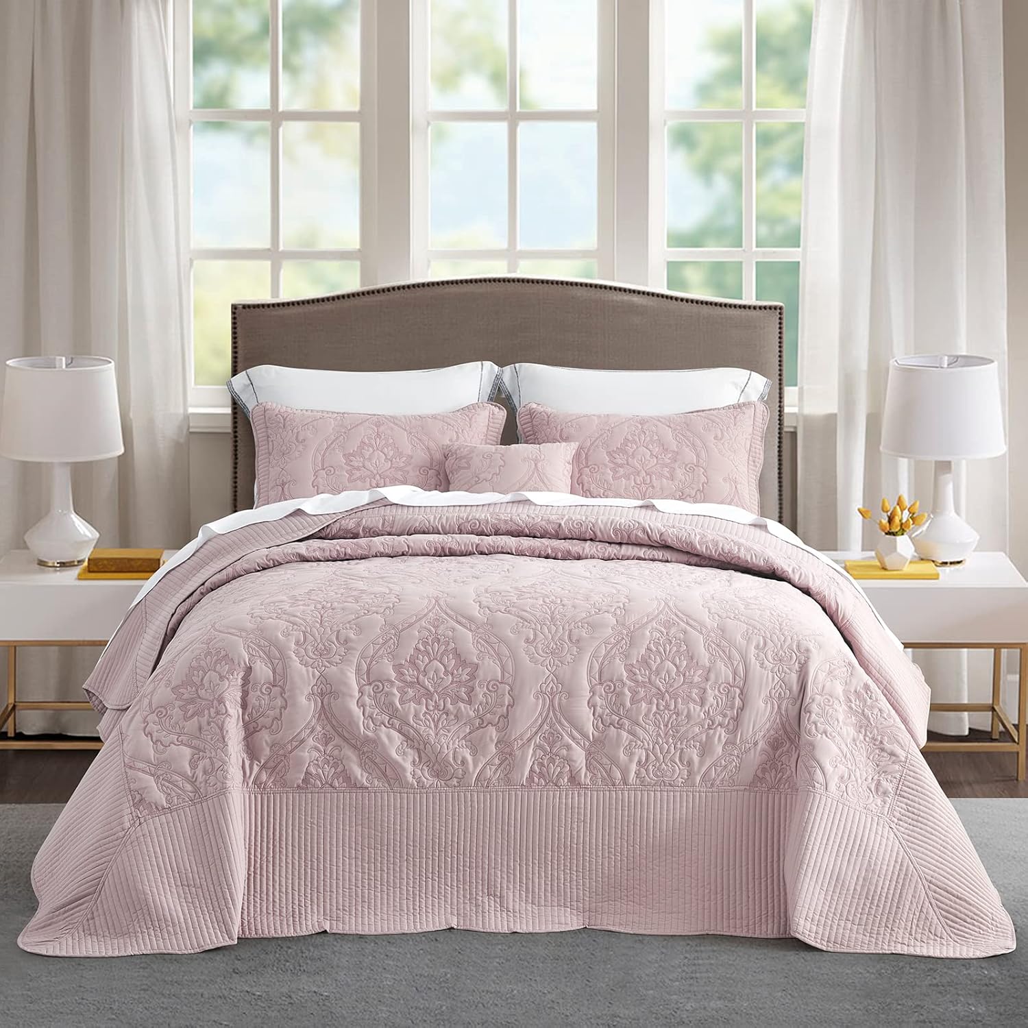 CHIXIN Oversized King Bedspread Set - Damask Paisley Pattern 4 Piece Reversible