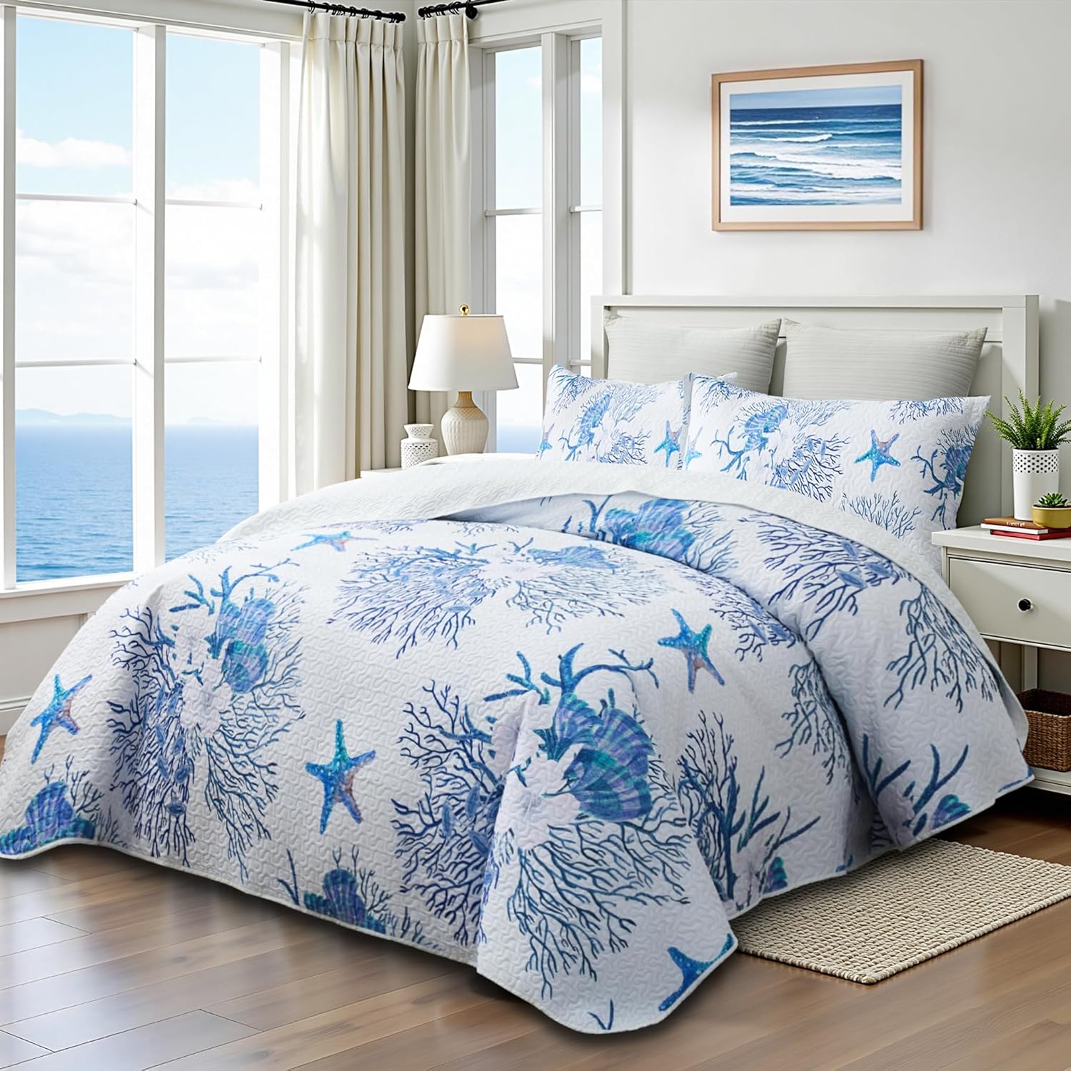 Coastal Bedding King Size Quilt with Sham Set