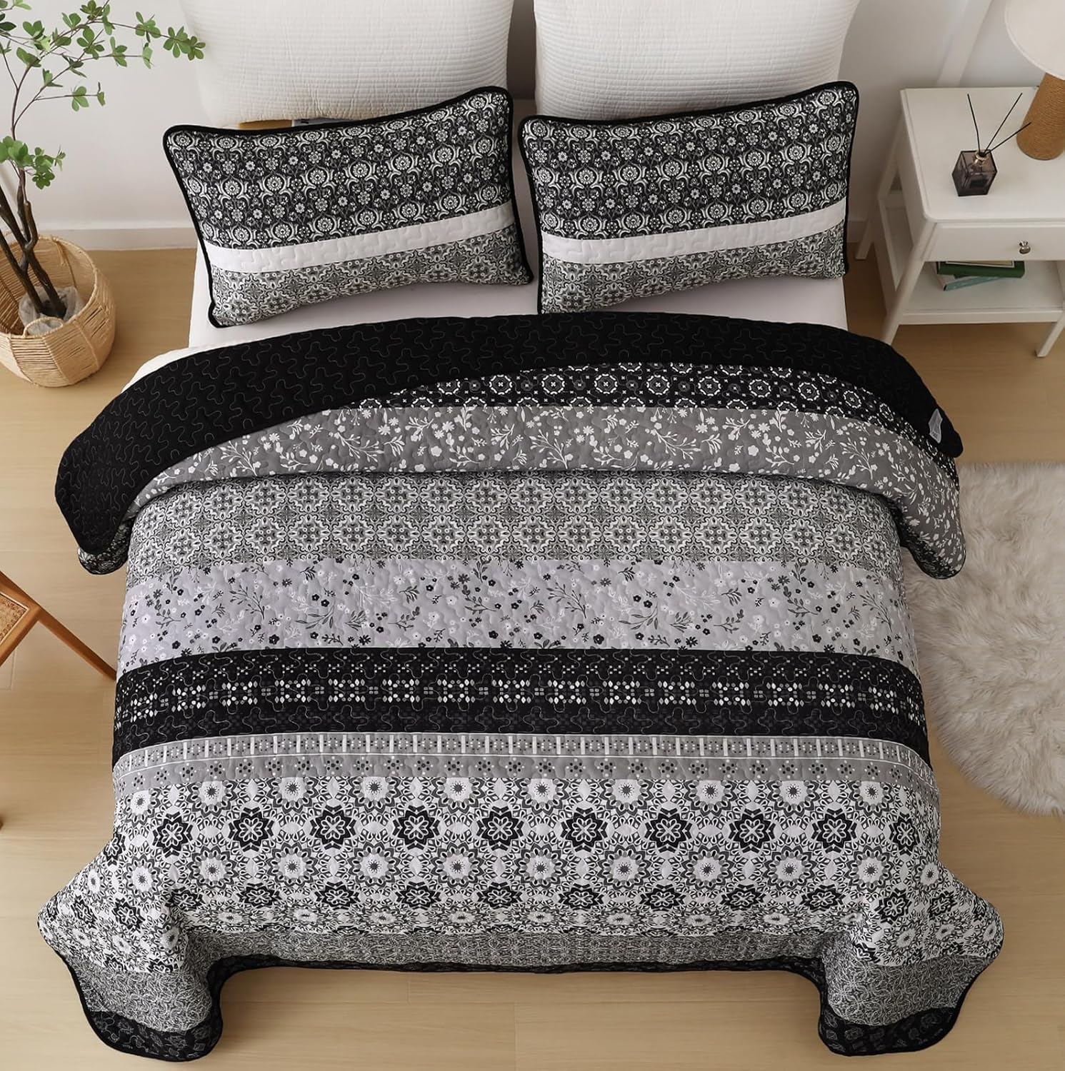 WONGS BEDDING Boho Quilt Set Queen Size 3 Pieces