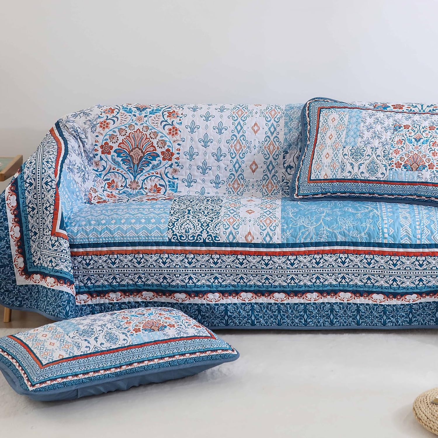 WONGS BEDDING Blue Boho Quilt Set King Size 3 Pieces
