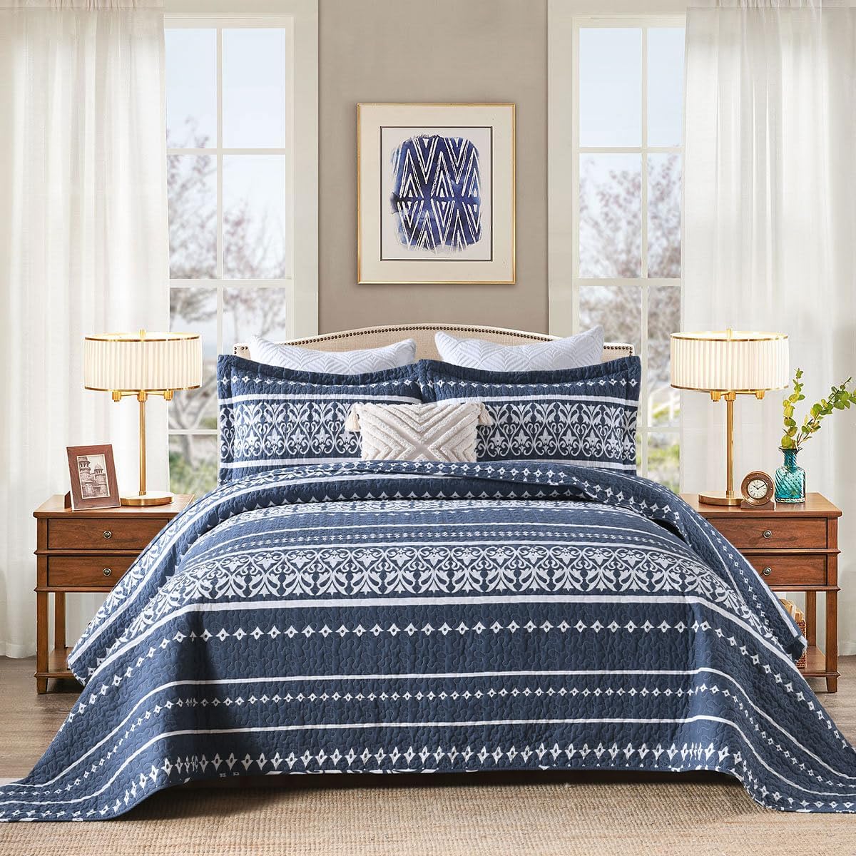 Qiqiong Queen Quilt Set Navy Blue White Striped