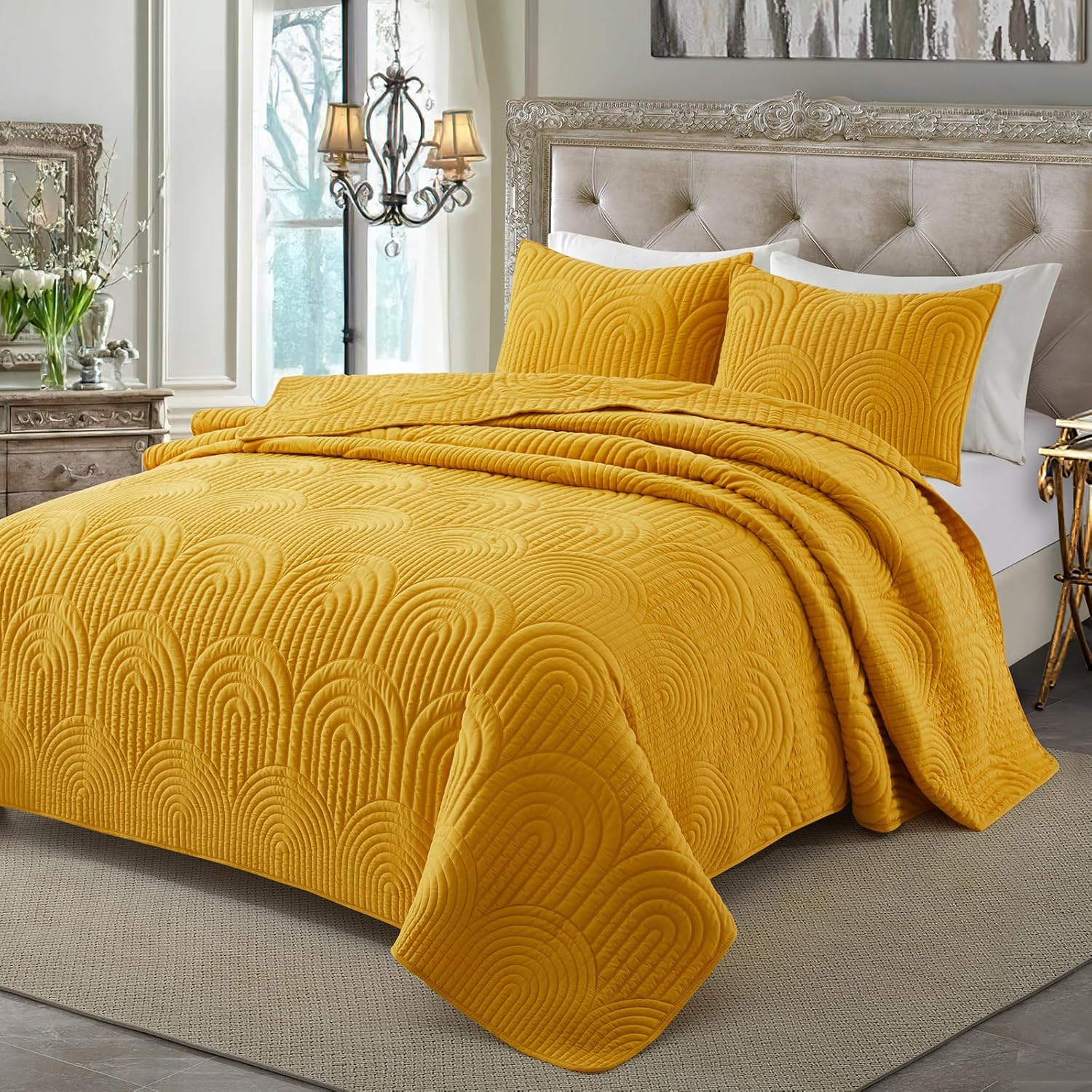 Safonory Mustard Yellow Quilt Set Twin Size