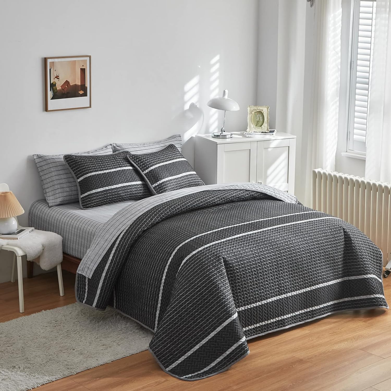 Flysheep Dark Grey Boho Quilt Set King Size 3 Pcs