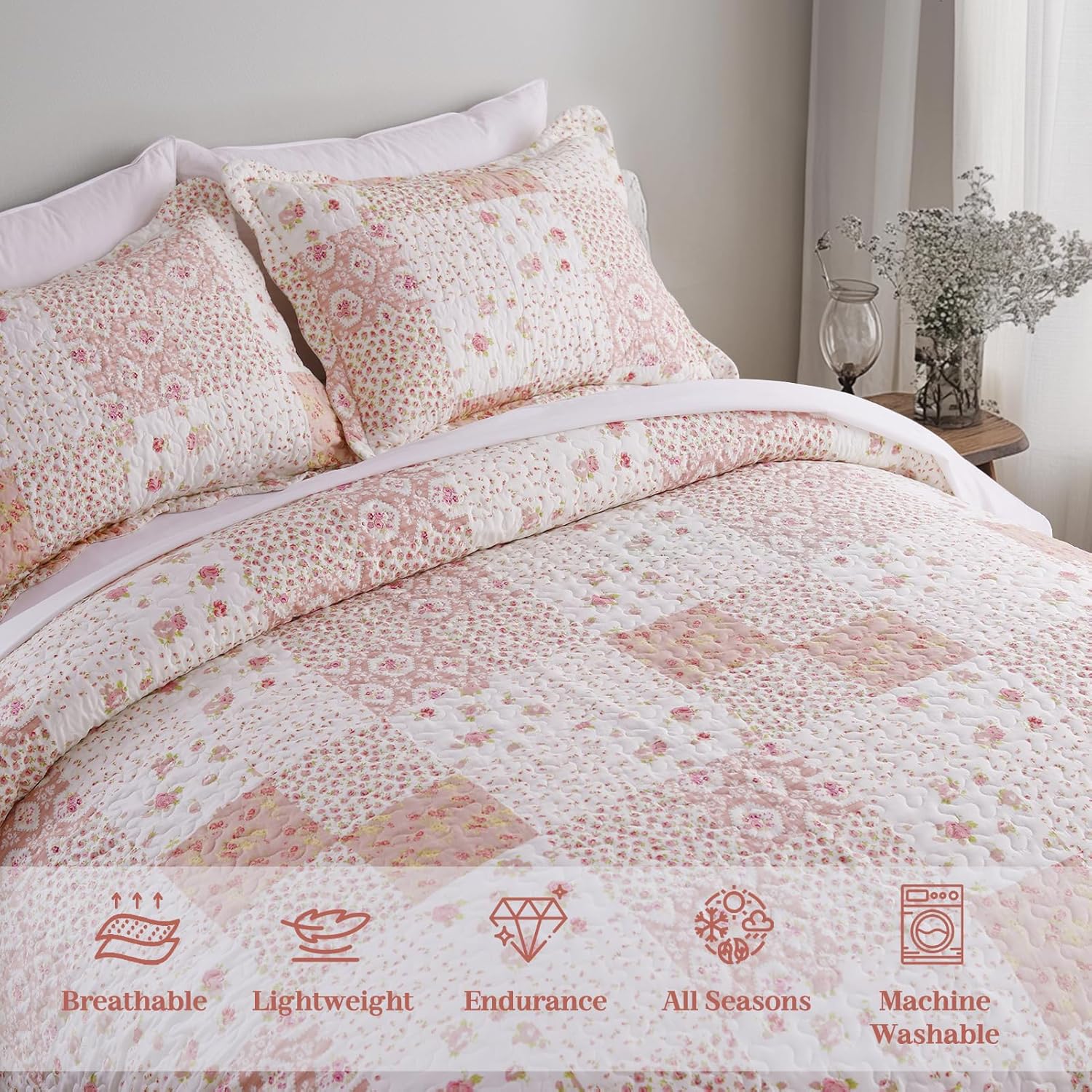 KASENTEX Twin Quilt Set 86x68 Pink Floral Patchwork