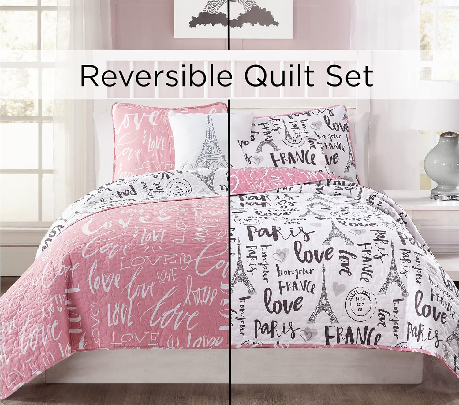 5-Piece Quilt Set King Bonjour Paris PinkWhiteBlack