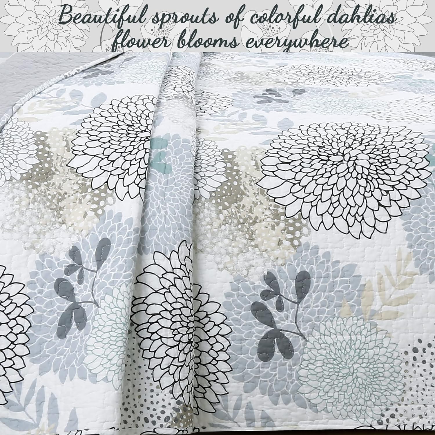 Cozy Line Nina Trista Flowers Aqua Blue Reversible Quilt Bedding Set