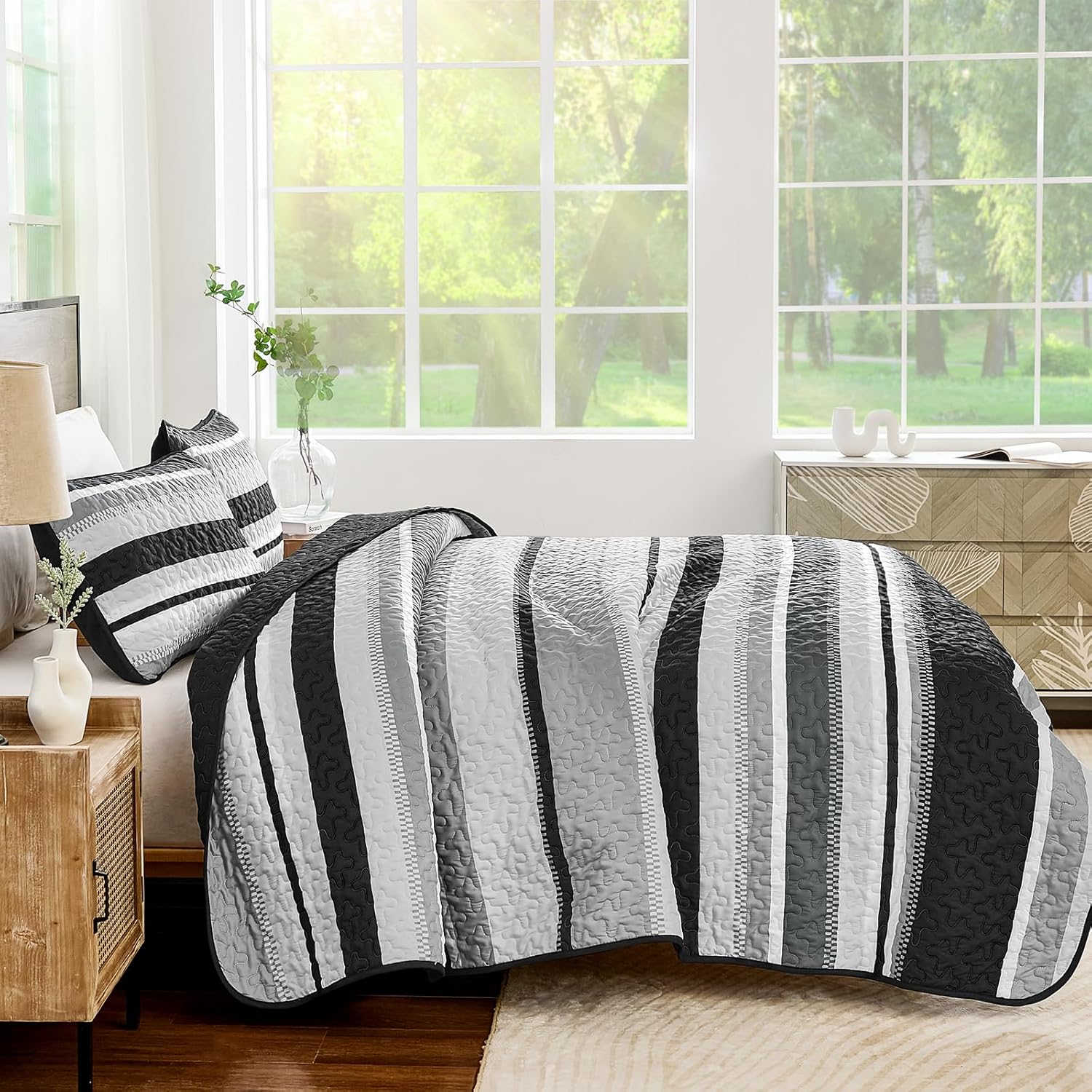 Wongs Bedding King Quilt Set 3 Pieces Black Striped Bedspread Coverlet with Shams