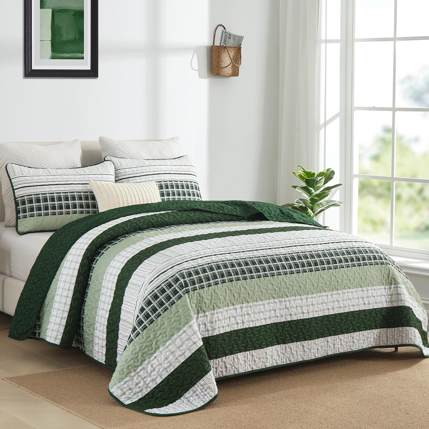 DJY Striped Quilt Set Queen Size 3 Pieces Microfiber Bedding Set