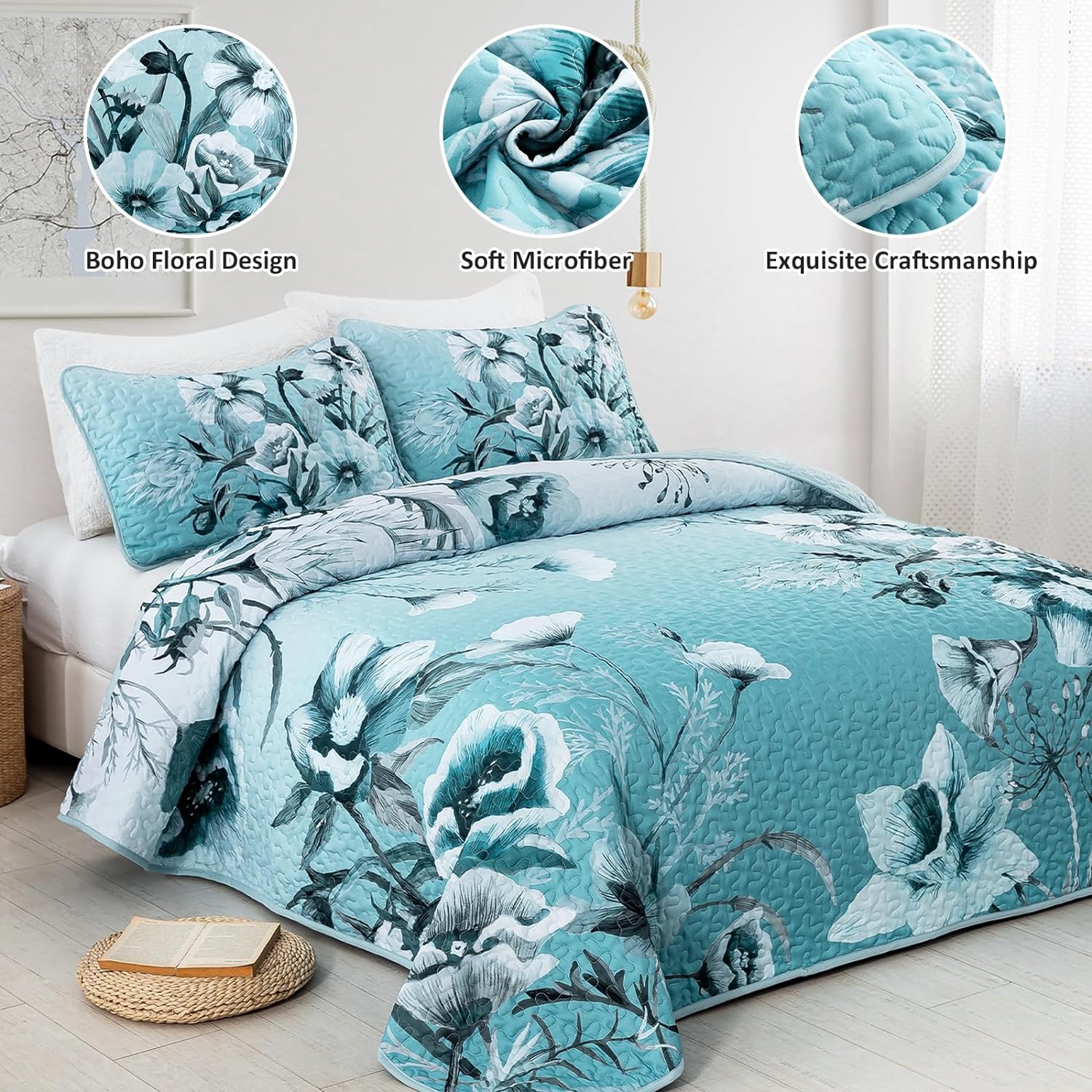 Drucon Blue Floral Quilt Set 3 Piece King Size