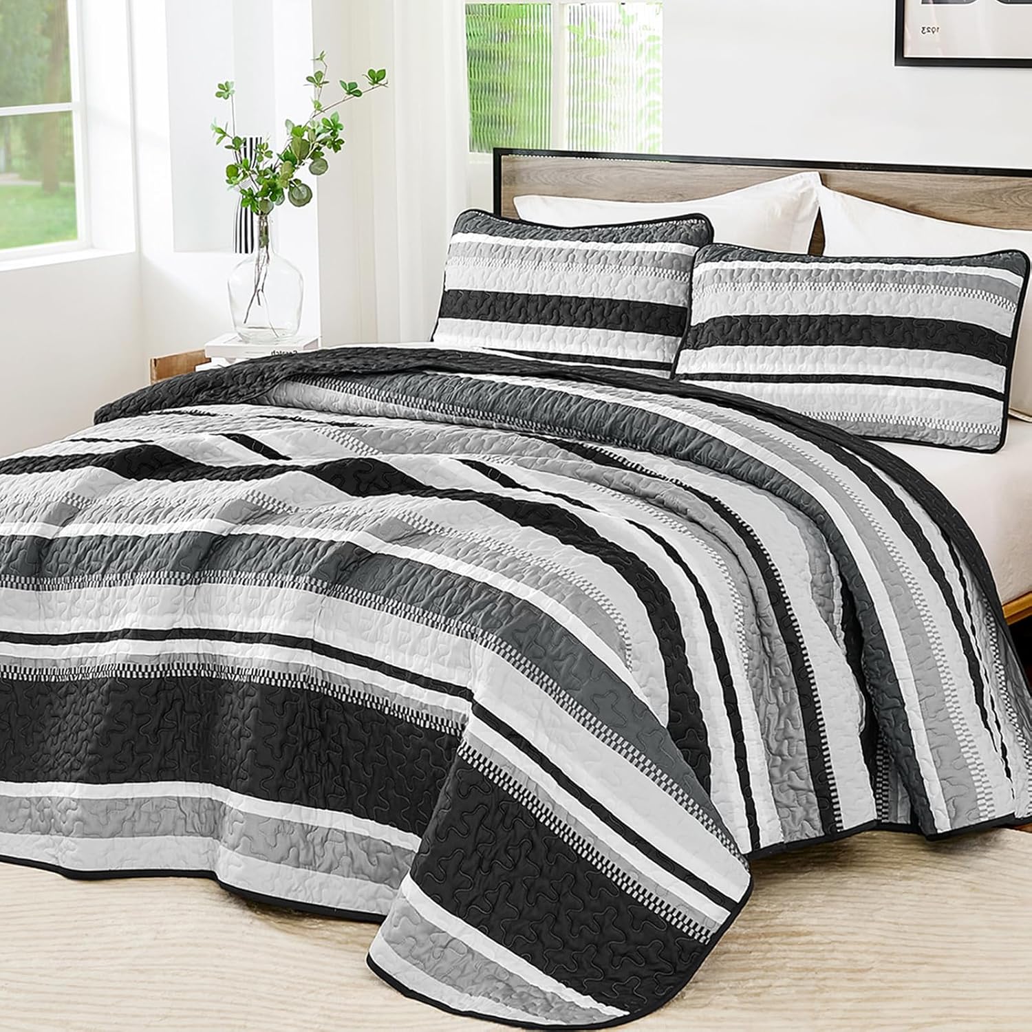 Wongs Bedding King Quilt Set 3 Pieces Black Striped Bedspread Coverlet with Shams
