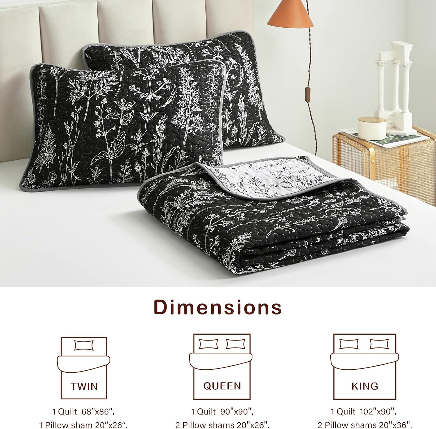 Joyreap 3 Piece Quilt Set Full Queen Black White Reversible