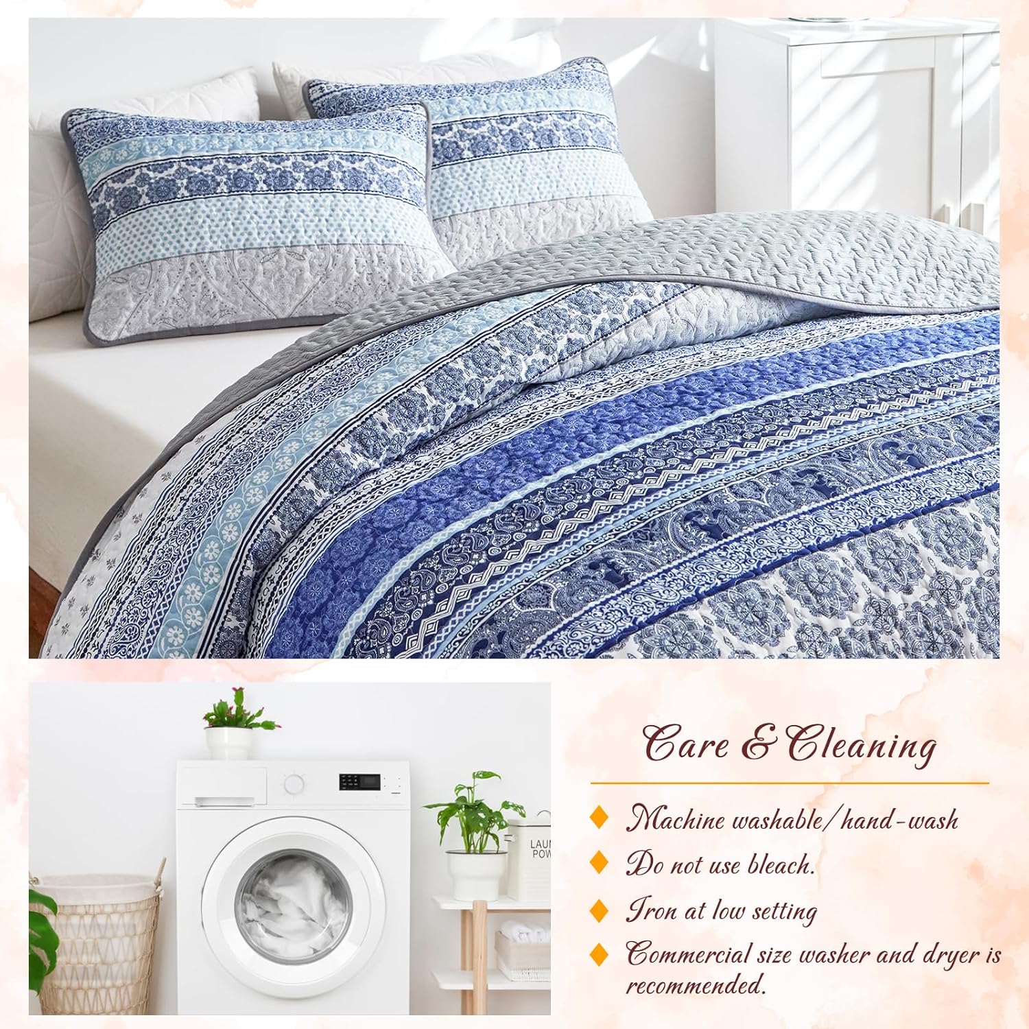 3 Piece Bohemian Quilt Set King Size Blue Grey Striped