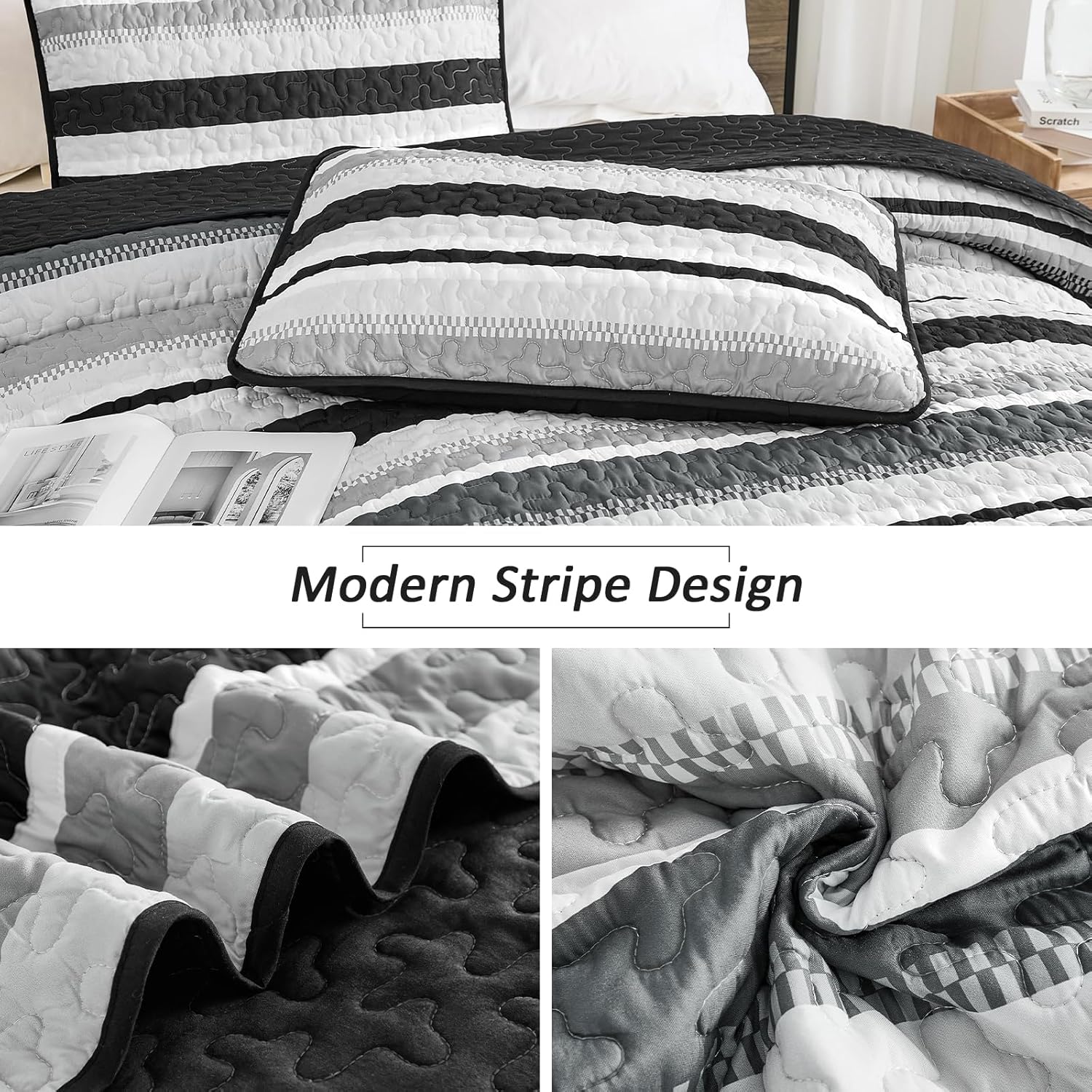 Wongs Bedding King Quilt Set 3 Pieces Black Striped Bedspread Coverlet with Shams