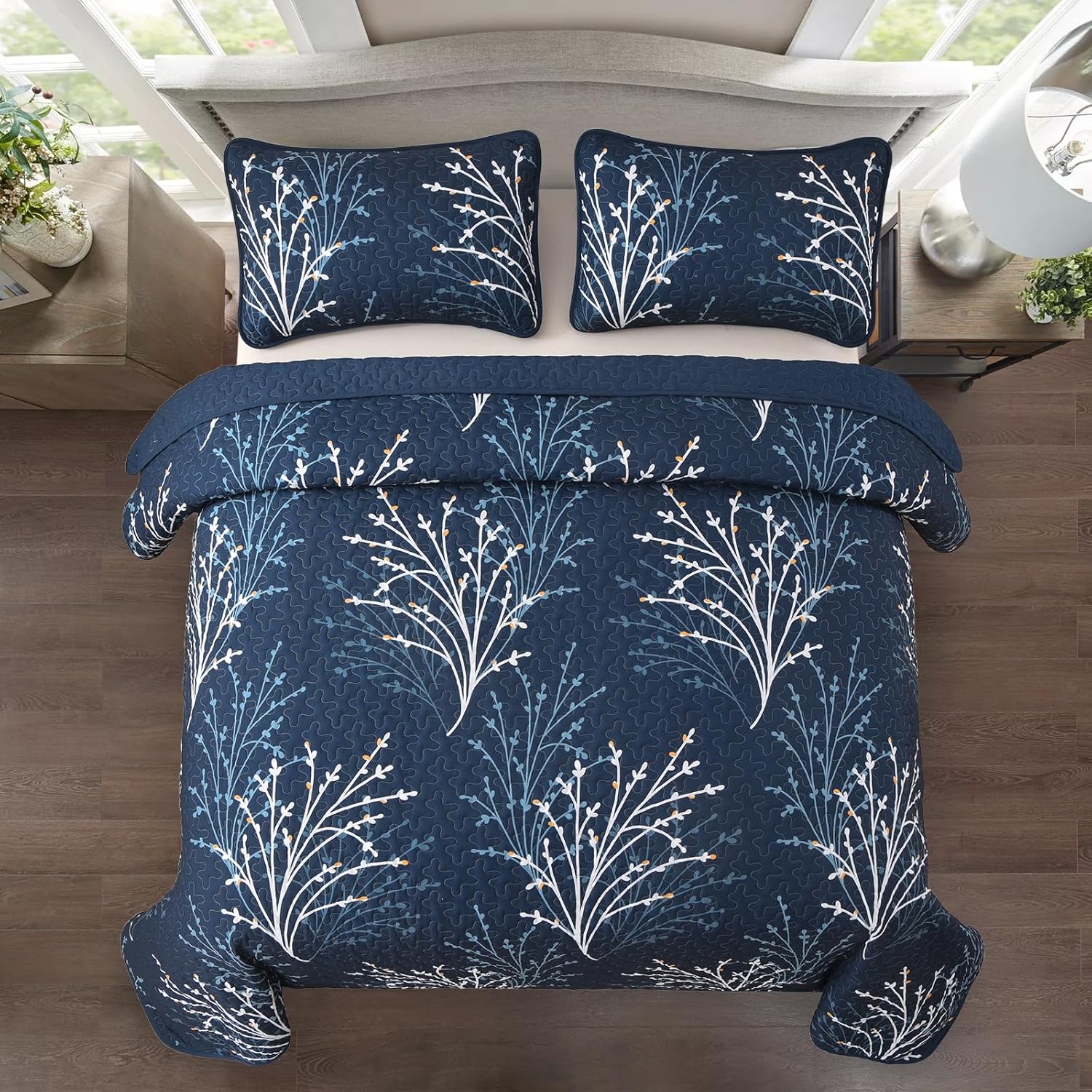 Navy Queen Quilt Set with Reversible Floral Design