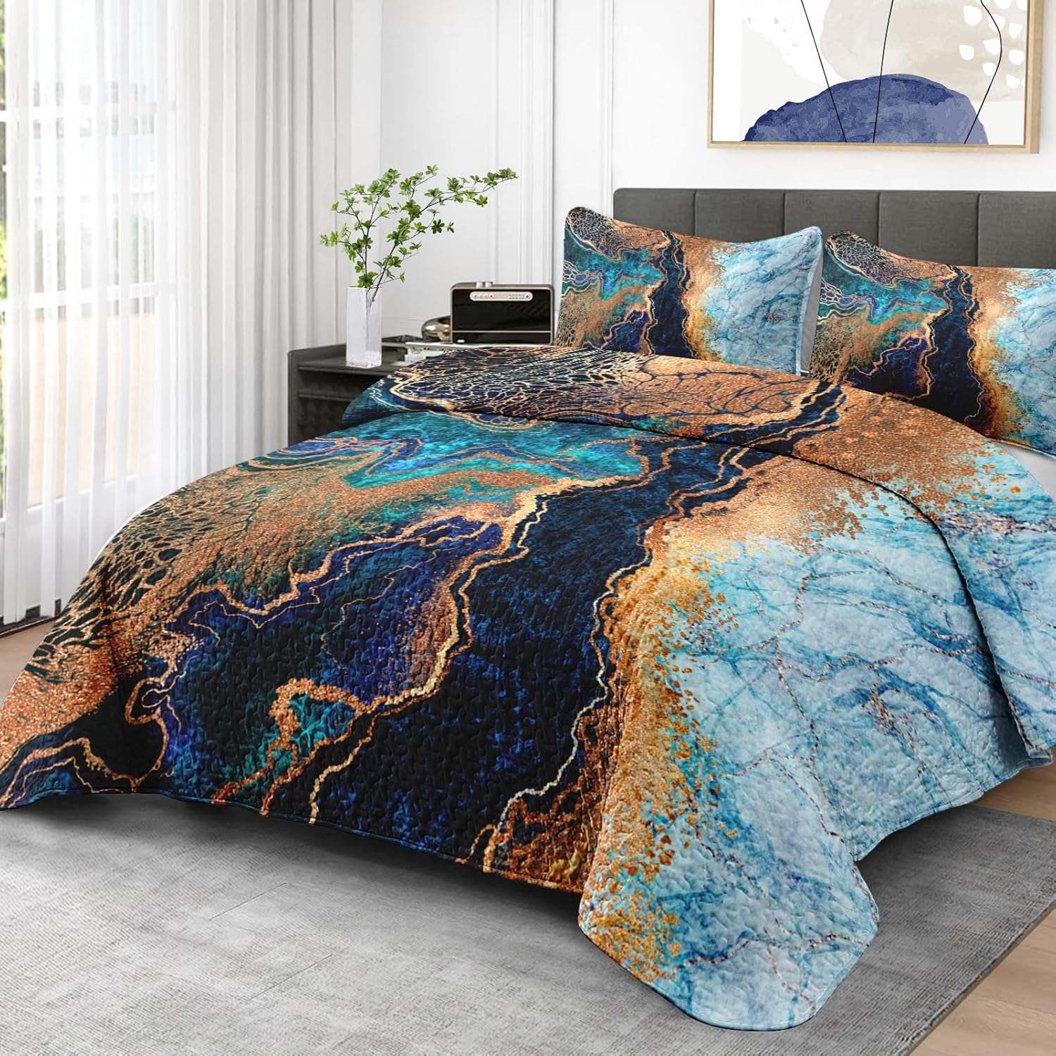 Pamnest Quilt Set Twin Size Blue Gold Marble 2 Pcs 1